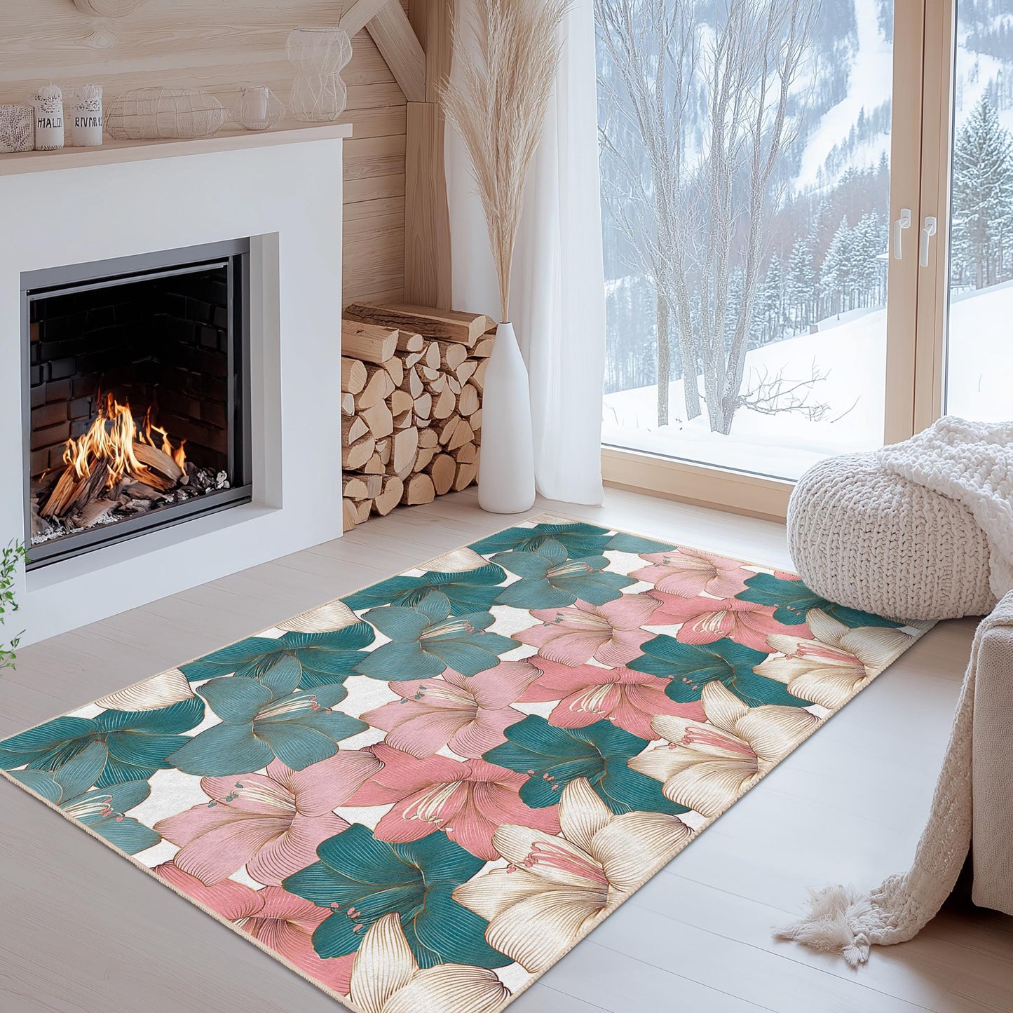 Soft Cotton Living Room Carpet | Elegant Floral Pattern Rectangular Rug | Decorative Area Rug for Home Decor | Vibrant Flower Design