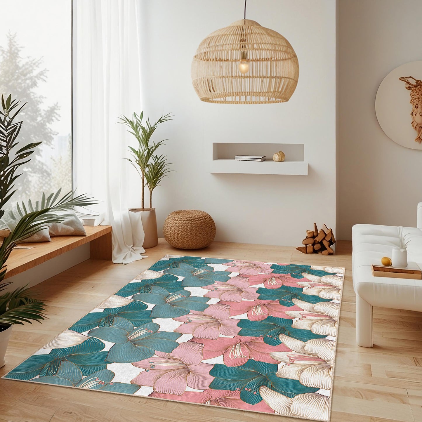 Soft Cotton Living Room Carpet | Elegant Floral Pattern Rectangular Rug | Decorative Area Rug for Home Decor | Vibrant Flower Design