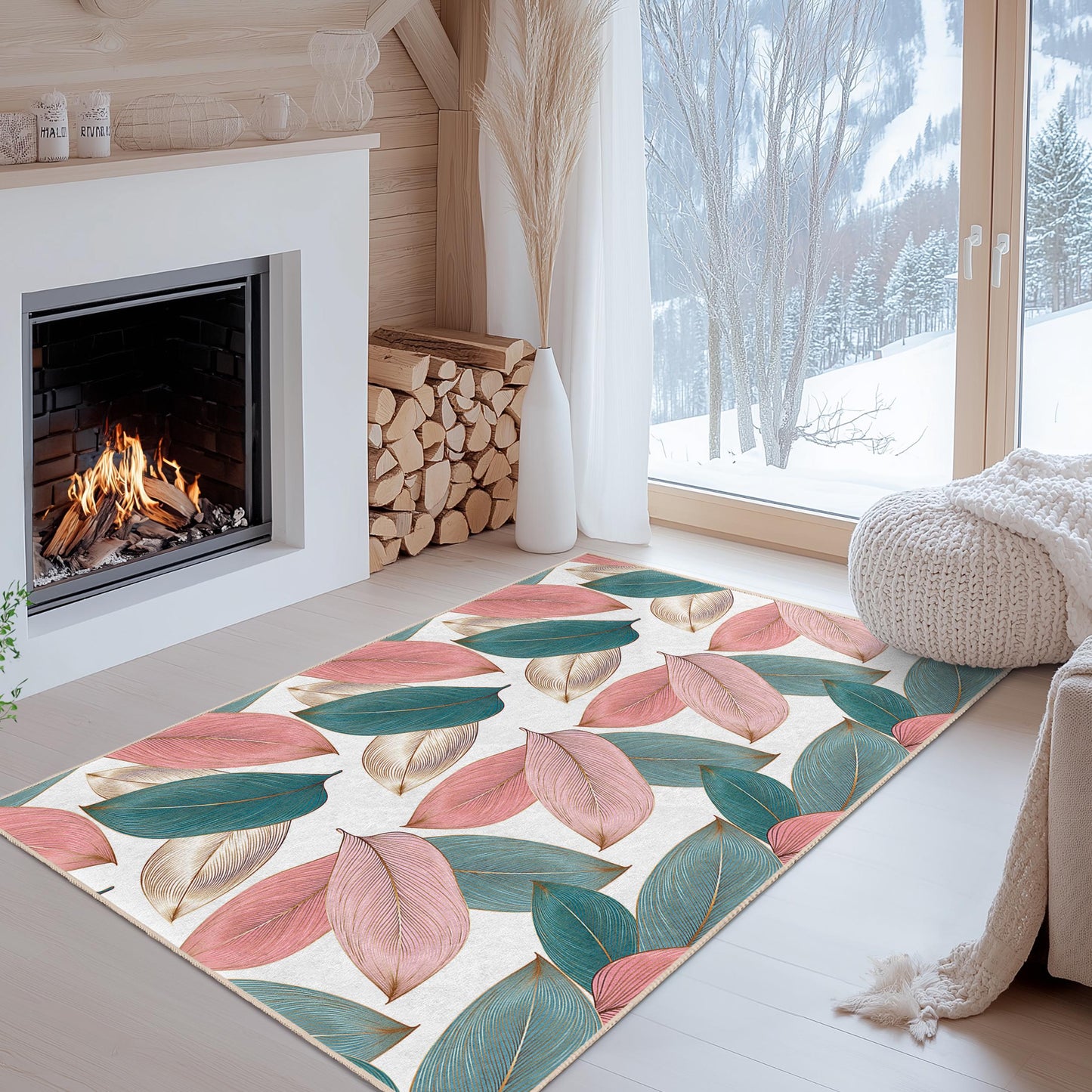 Luxurious Leaf Design | Elegant Leaf Pattern Rectangular Area Rug | Soft Cotton Living Room Carpet | Stylish Home Decor Rug