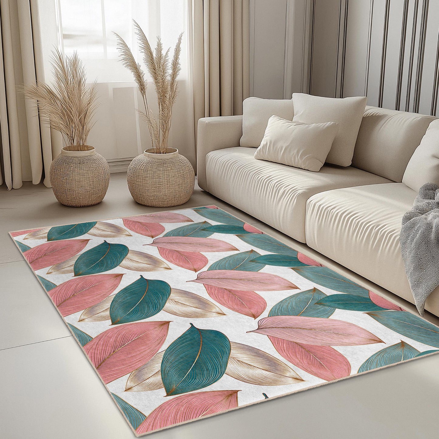 Luxurious Leaf Design | Elegant Leaf Pattern Rectangular Area Rug | Soft Cotton Living Room Carpet | Stylish Home Decor Rug