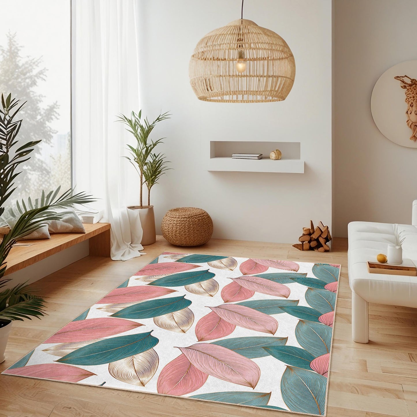 Luxurious Leaf Design | Elegant Leaf Pattern Rectangular Area Rug | Soft Cotton Living Room Carpet | Stylish Home Decor Rug