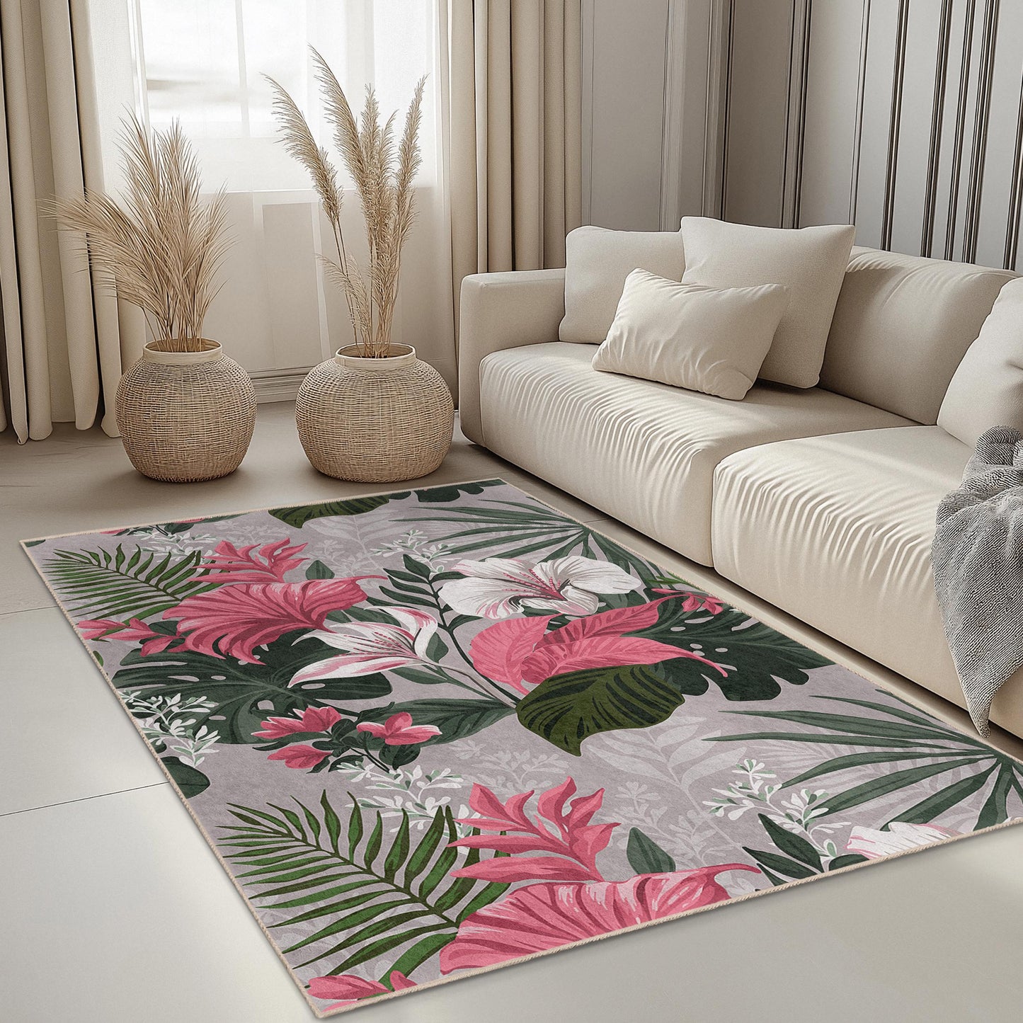 Vibrant Floral Rectangle Rug | Tropical Style Decorative Carpet for Living Room | Stylish Botanical Area Rug