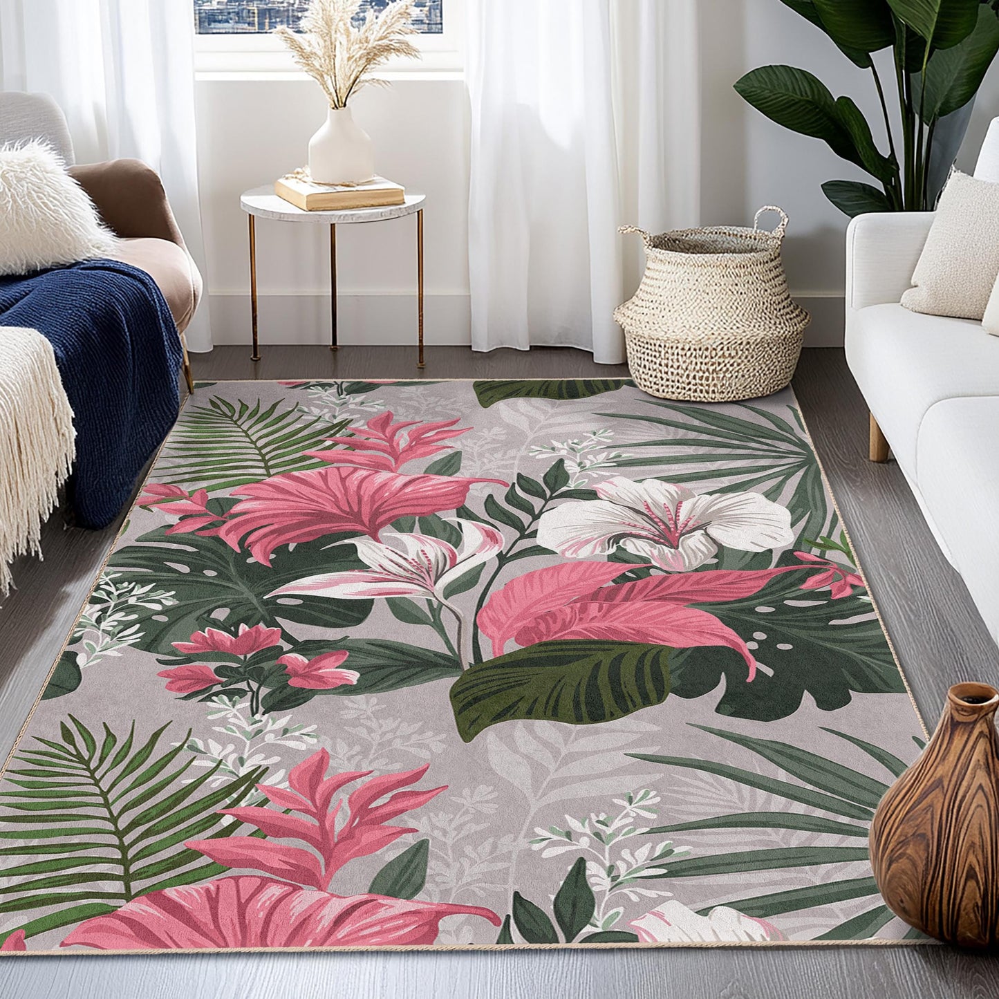 Vibrant Floral Rectangle Rug | Tropical Style Decorative Carpet for Living Room | Stylish Botanical Area Rug