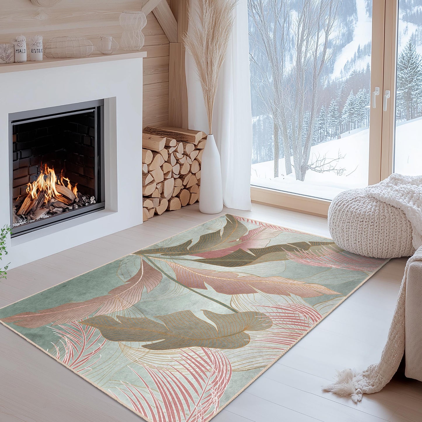Soft and Washable Floor Mat | Elegant Leaf Pattern Rectangular Area Rug | Stylish Living Room Carpet | Modern Home Decor