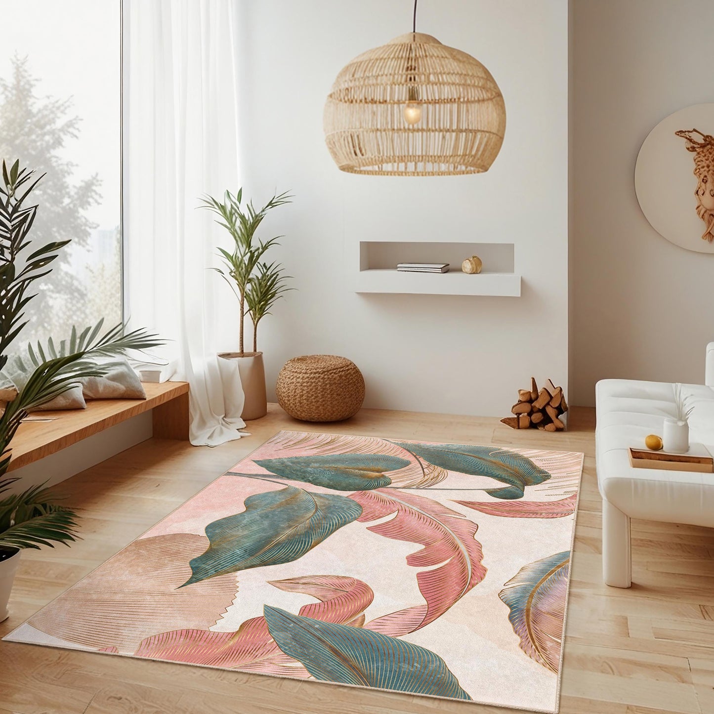 Elegant Tropical Leaves Rectangular Area Rug | Decorative Living Room Carpet | Soft Cotton Home Dcor | Stylish Leaf Print Rug