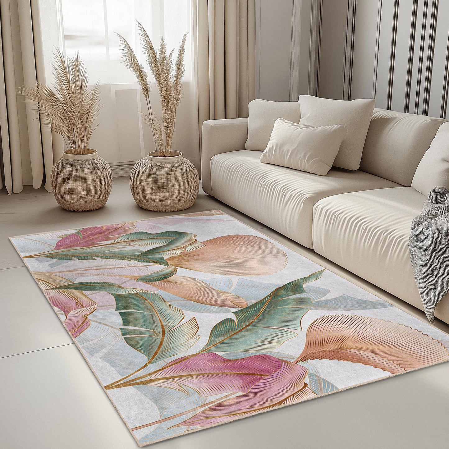 Elegant Floral Rectangular Area Rug | Soft Cotton Living Room Carpet | Stylish Home Dcor | Luxurious Indoor Mat