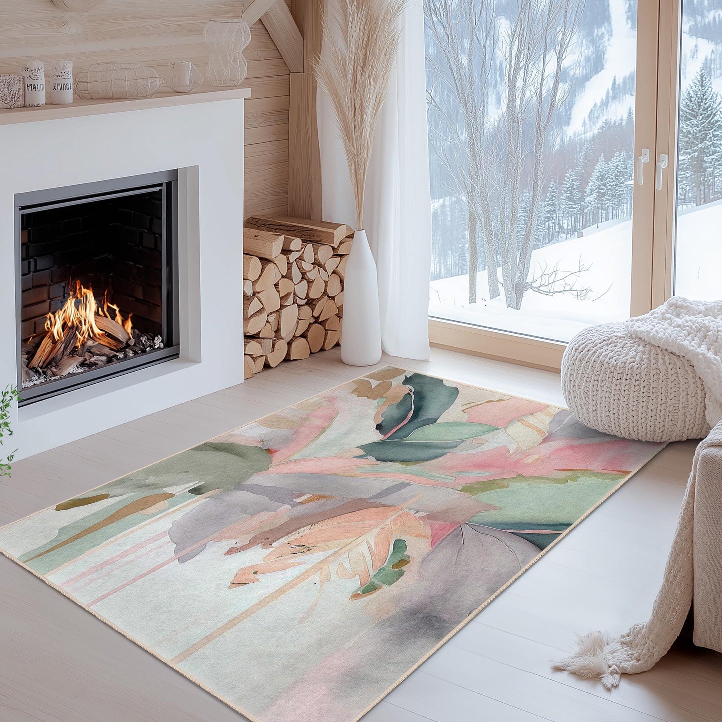 Elegant Floral Rectangular Area Rug | Soft Cotton Decorative Carpet for Living Room | Stylish Home Decor with Leaf Design