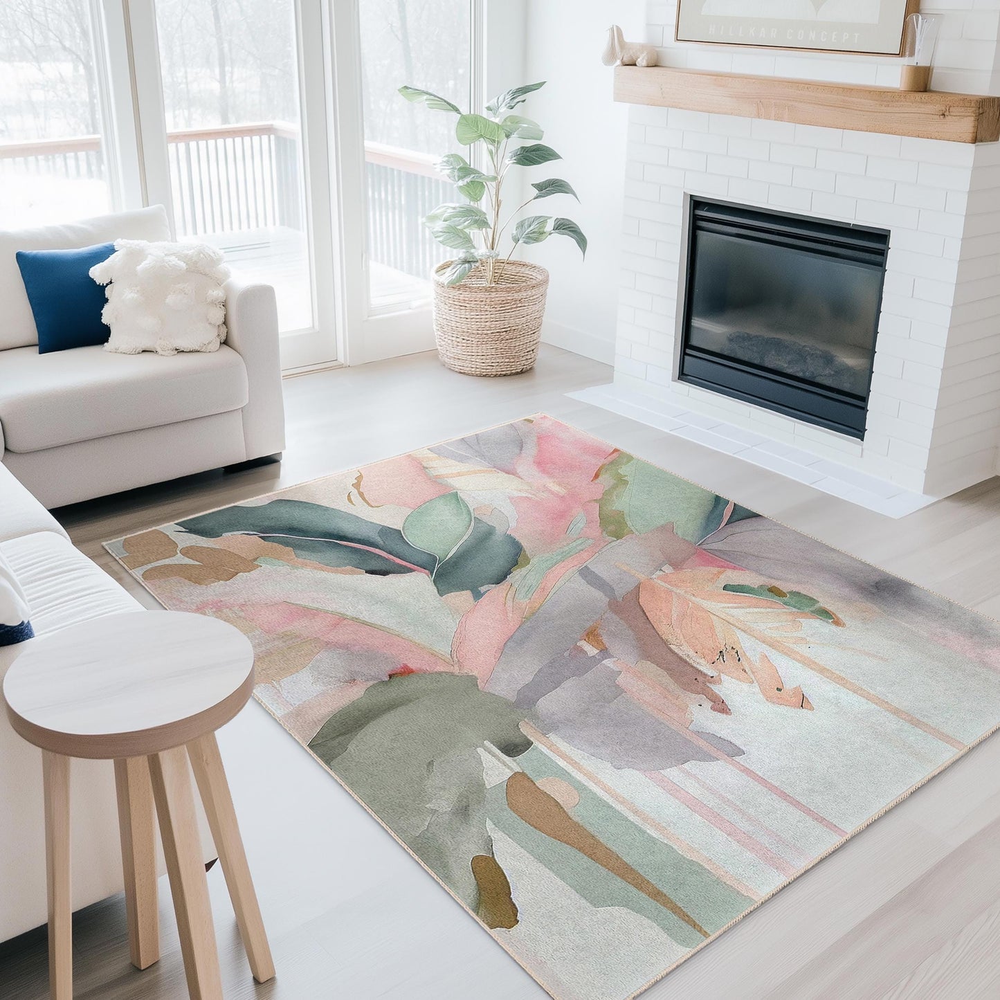 Elegant Floral Rectangular Area Rug | Soft Cotton Decorative Carpet for Living Room | Stylish Home Decor with Leaf Design