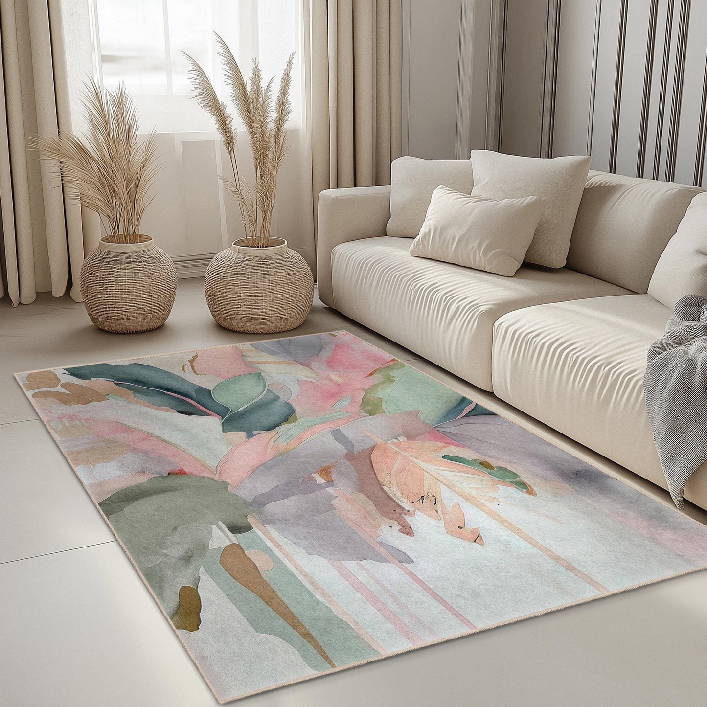 Elegant Floral Rectangular Area Rug | Soft Cotton Decorative Carpet for Living Room | Stylish Home Decor with Leaf Design