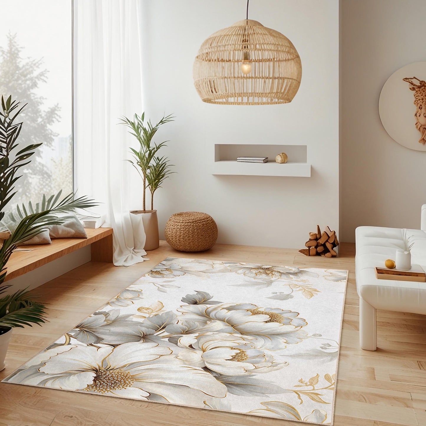 Elegant Floral Design Rectangular Area Rug | Soft Cotton Carpet for Living Room | Luxurious Home Decor | Machine Washable Rug