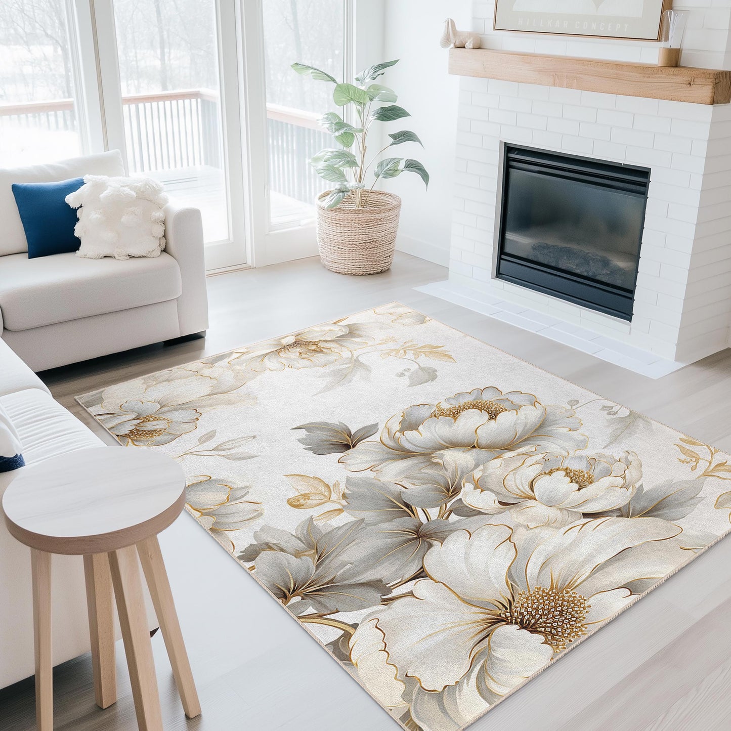 Elegant Floral Design Rectangular Area Rug | Soft Cotton Carpet for Living Room | Luxurious Home Decor | Machine Washable Rug