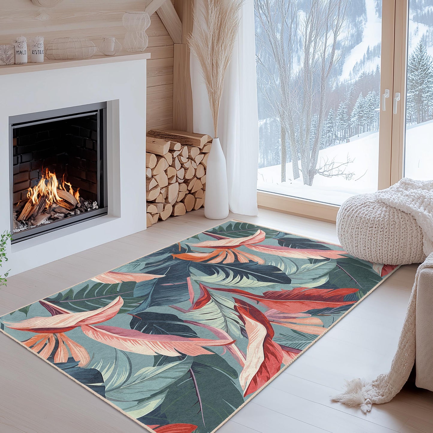 Tropical Leaves Patterned Rectangular Area Rug | Modern Floral Carpet | Boho Style Living Room Mat | Indoor Decorative Floor Covering