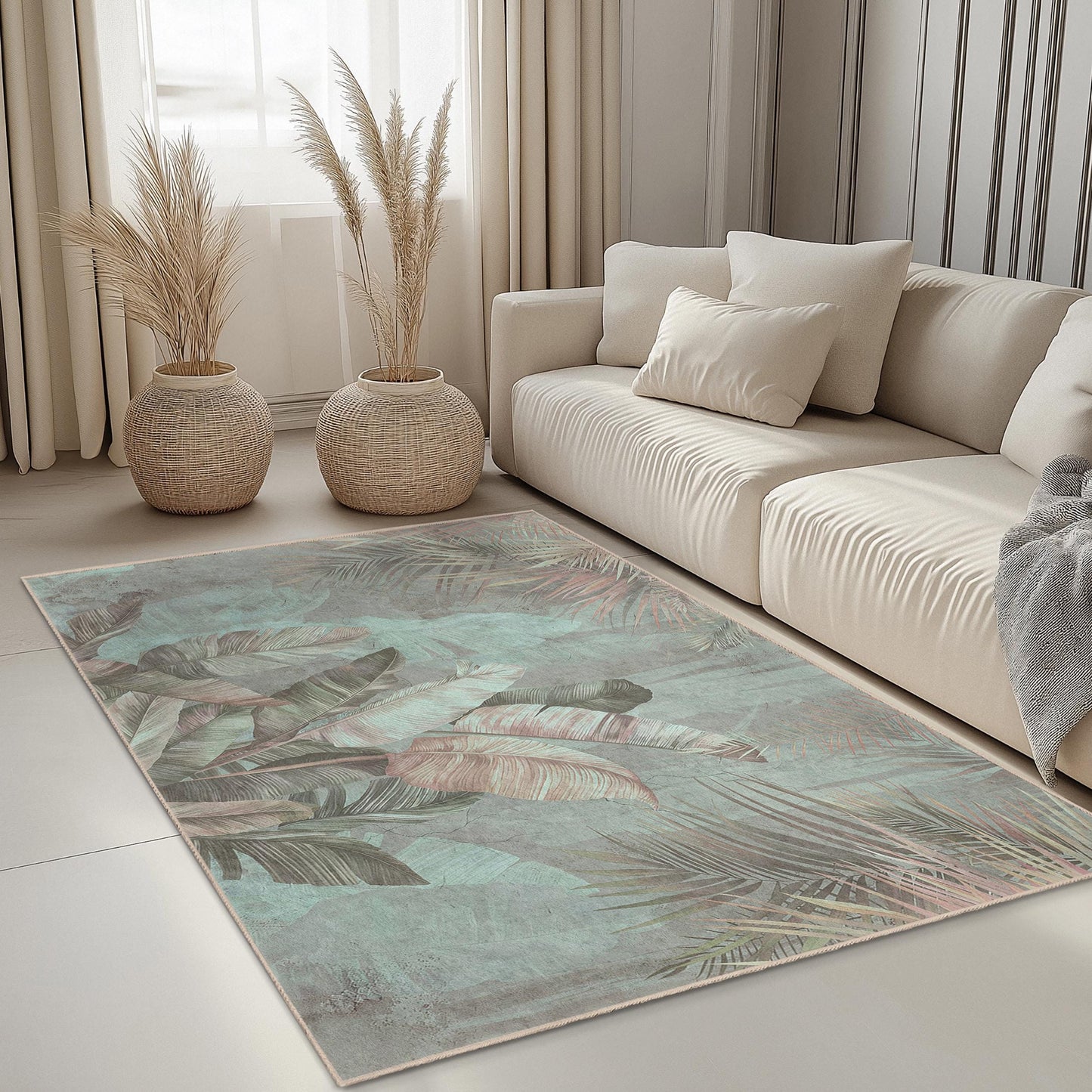 Botanical Leaf Design Rectangular Rug | Soft Cotton Floor Carpet | Stylish Home Decor | Tropical Indoor Area Rug