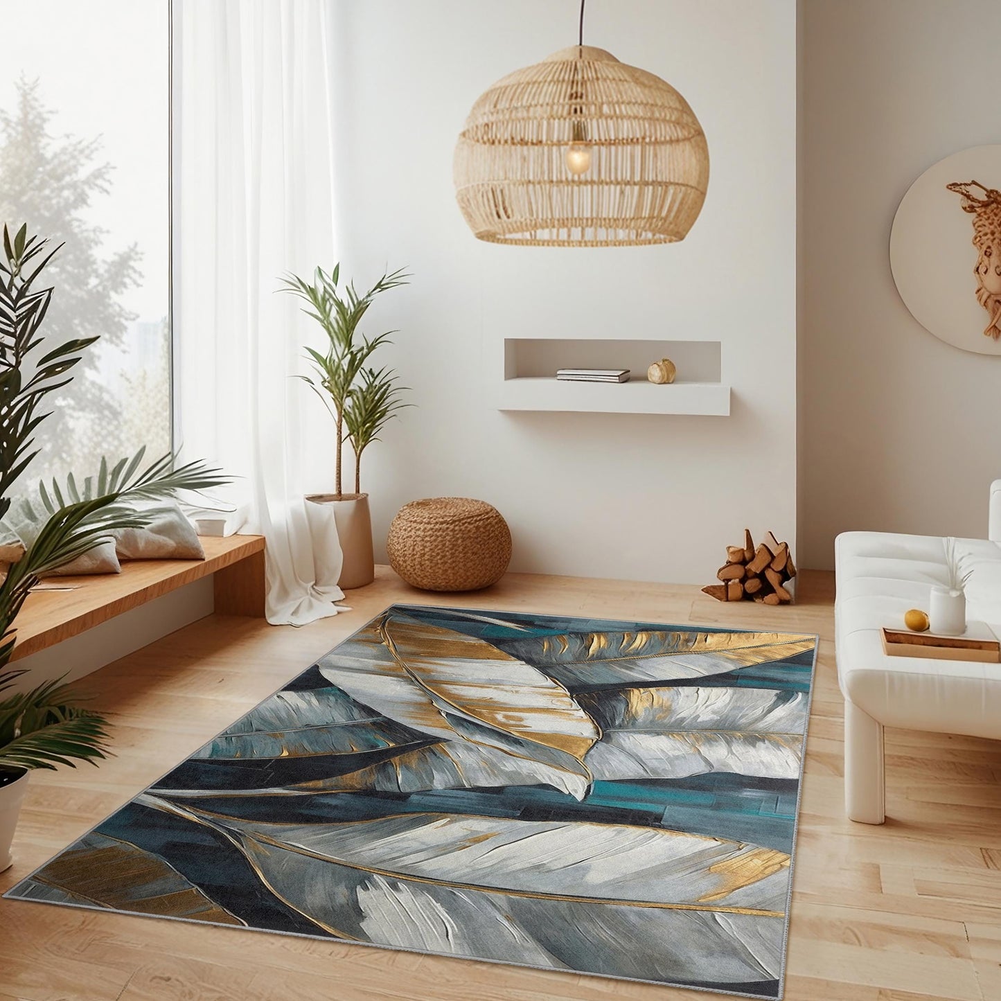 Gold Leaf Design Rectangular Area Rug | Elegant Monochrome Leaf Carpet | Modern Home Decor | Stylish Living Room Mat