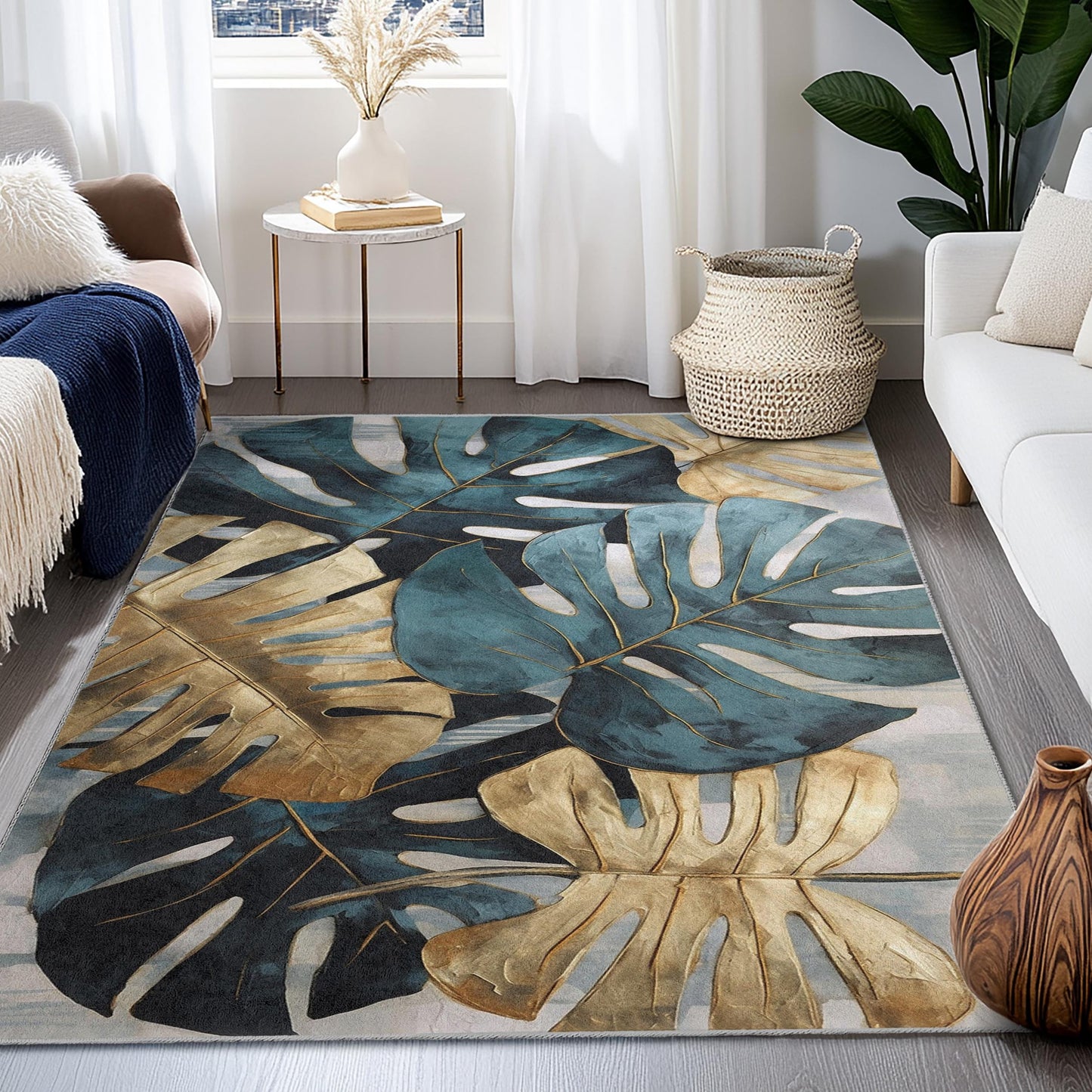 Tropical Monstera Leaves Rectangular Area Rug | Elegant Gold and Teal Leaf Design | Modern Living Room Carpet | Stylish Home Decor