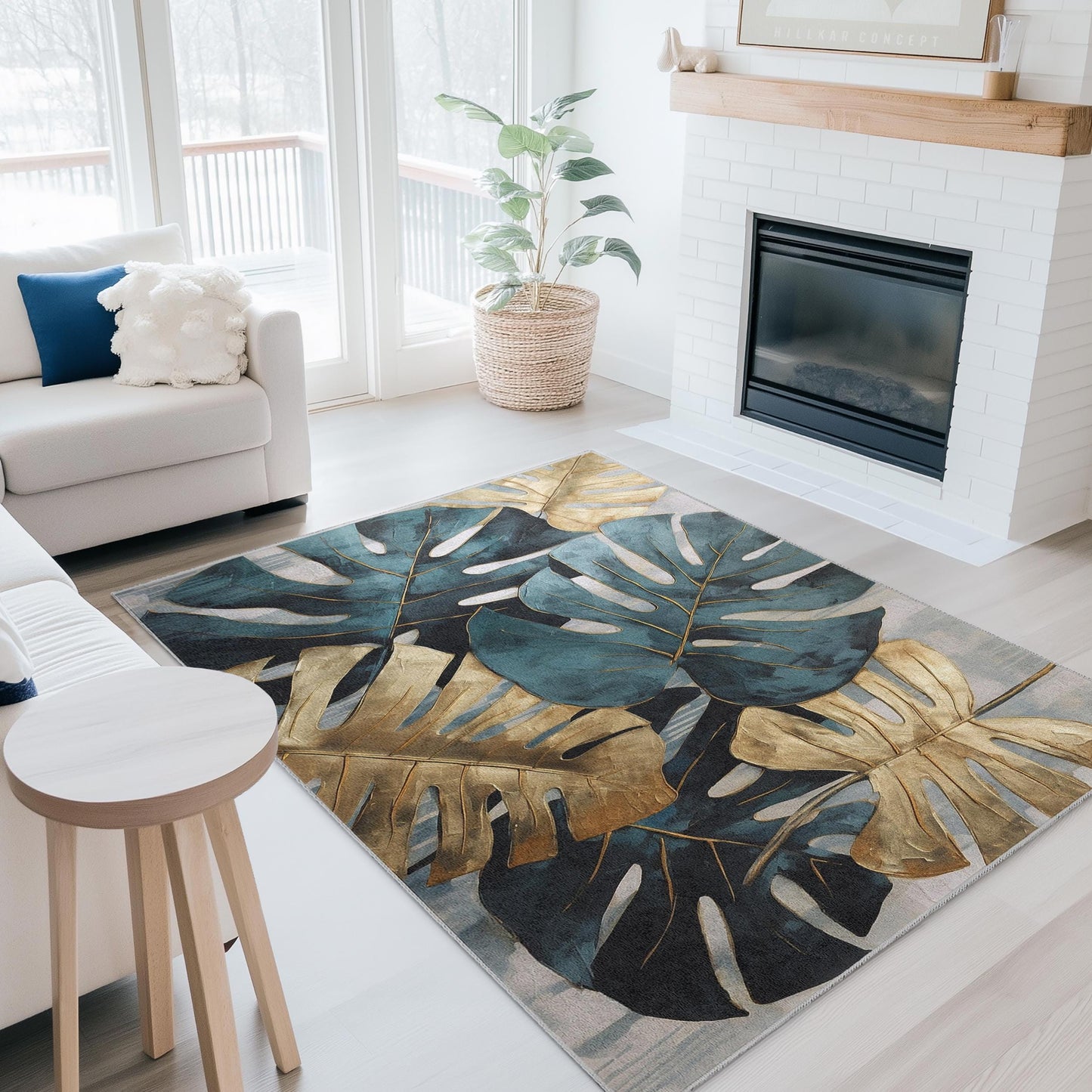 Tropical Monstera Leaves Rectangular Area Rug | Elegant Gold and Teal Leaf Design | Modern Living Room Carpet | Stylish Home Decor