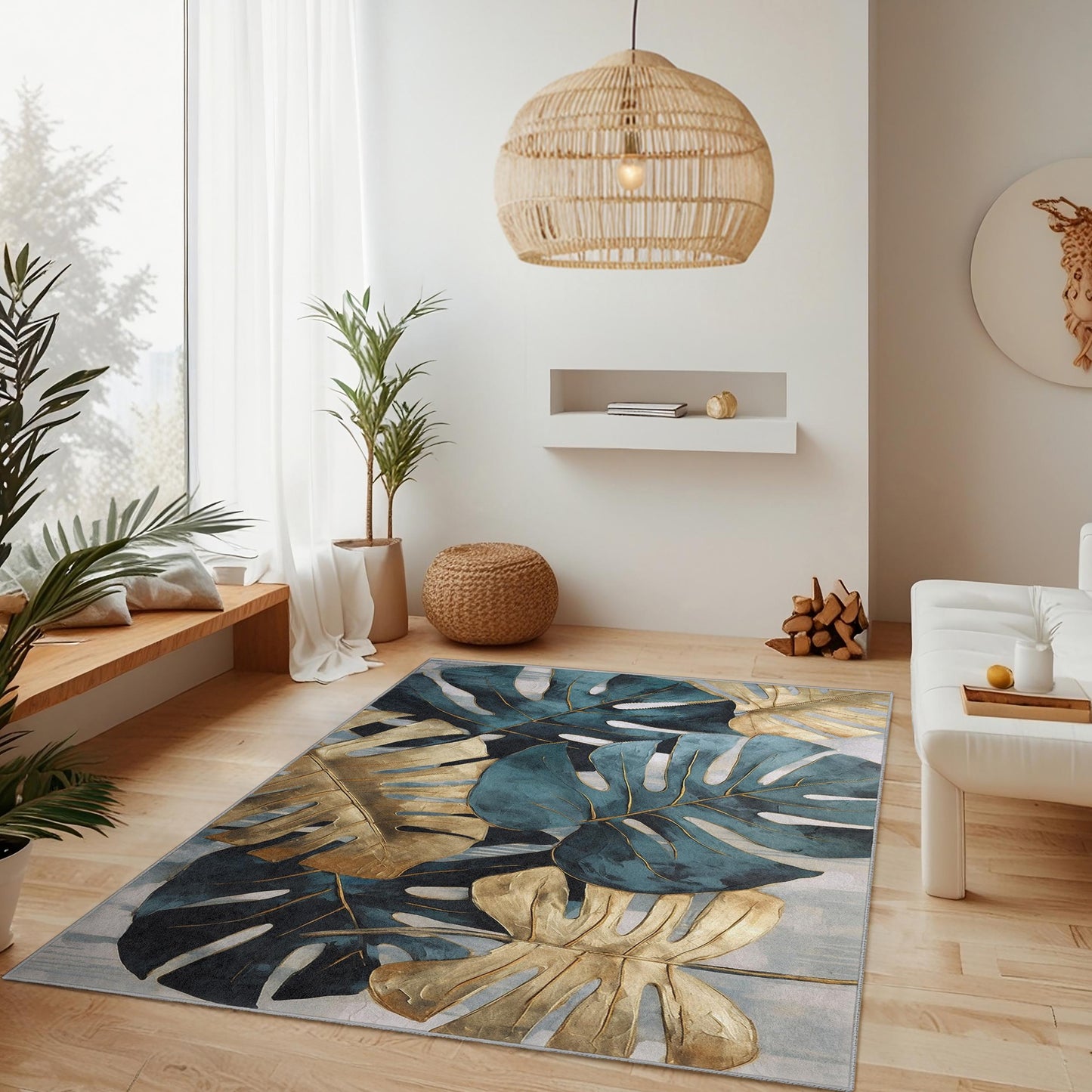 Tropical Monstera Leaves Rectangular Area Rug | Elegant Gold and Teal Leaf Design | Modern Living Room Carpet | Stylish Home Decor
