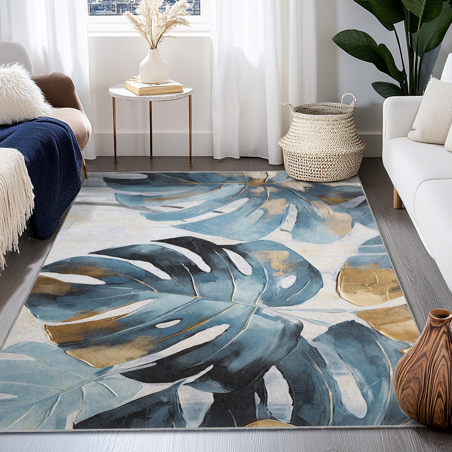 Monstera Leaf Design Rectangular Area Rug | Tropical Botanical Carpet | Soft and Stylish Home Decor | Machine Washable Floor Mat