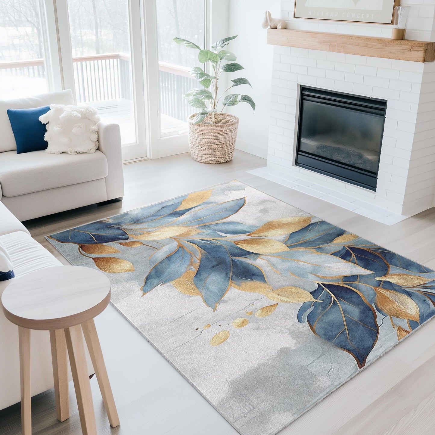 Modern Abstract Area Carpet | Elegant Blue and Gold Leaf Design Rectangle Rug | Soft and Washable Home Decor