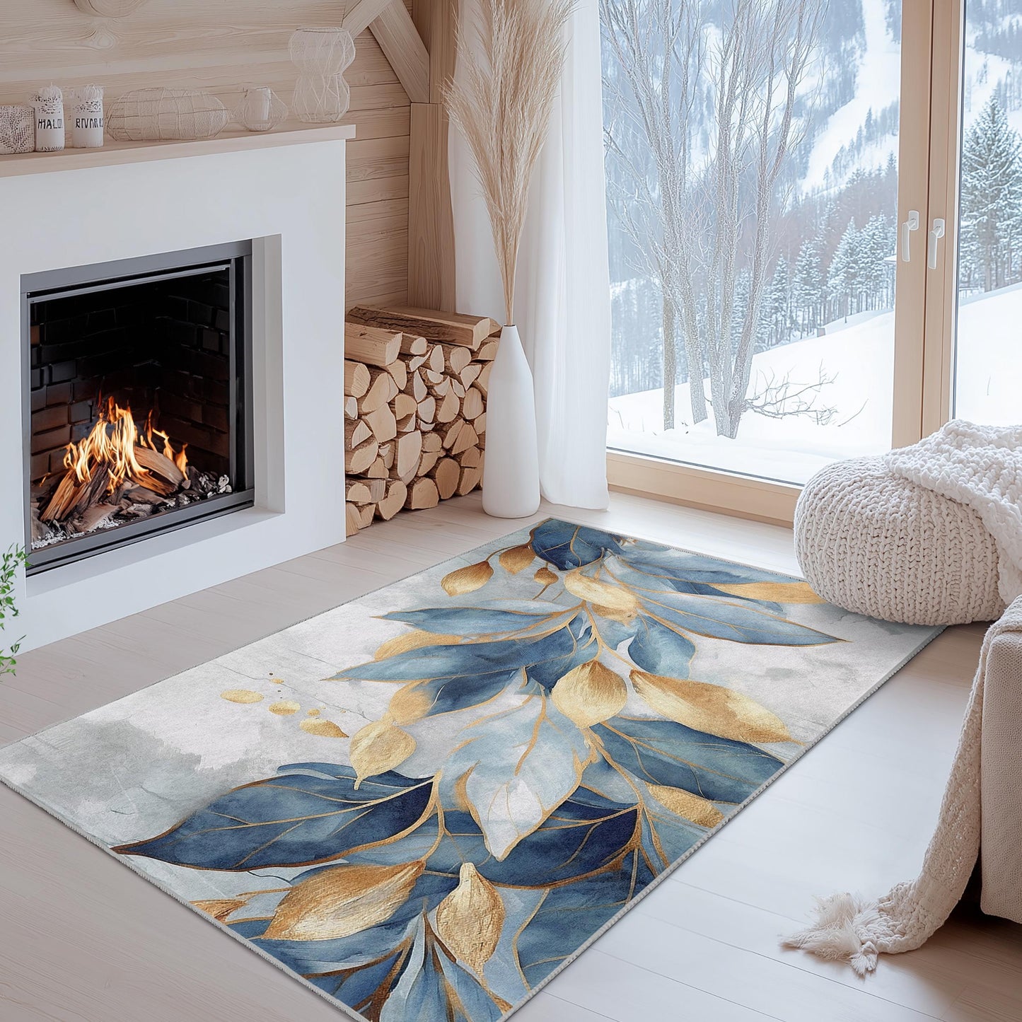 Modern Abstract Area Carpet | Elegant Blue and Gold Leaf Design Rectangle Rug | Soft and Washable Home Decor