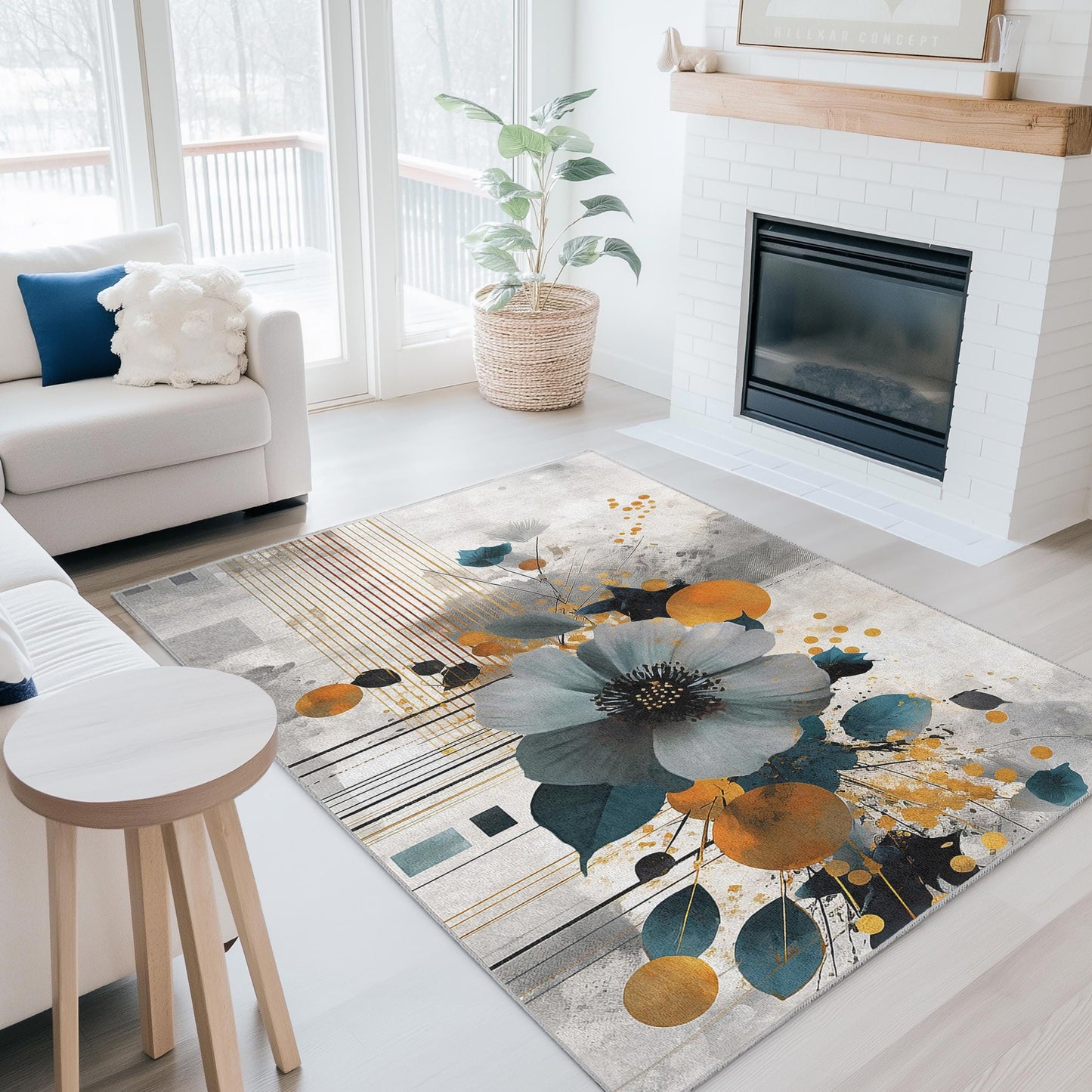 Floral Abstract Design Rectangular Area Rug | Modern Home Decor Carpet | Stylish Living Room Mat | Elegant Flower Print Rug
