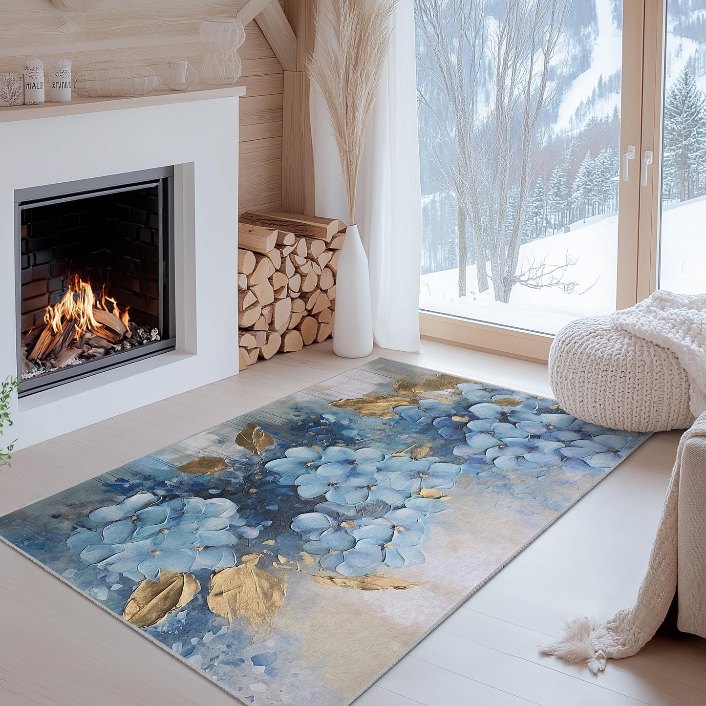 Elegant Blue Floral Rectangular Rug | Luxurious Flower Design Carpet | Modern Home Decor | Soft Cotton Area Mat
