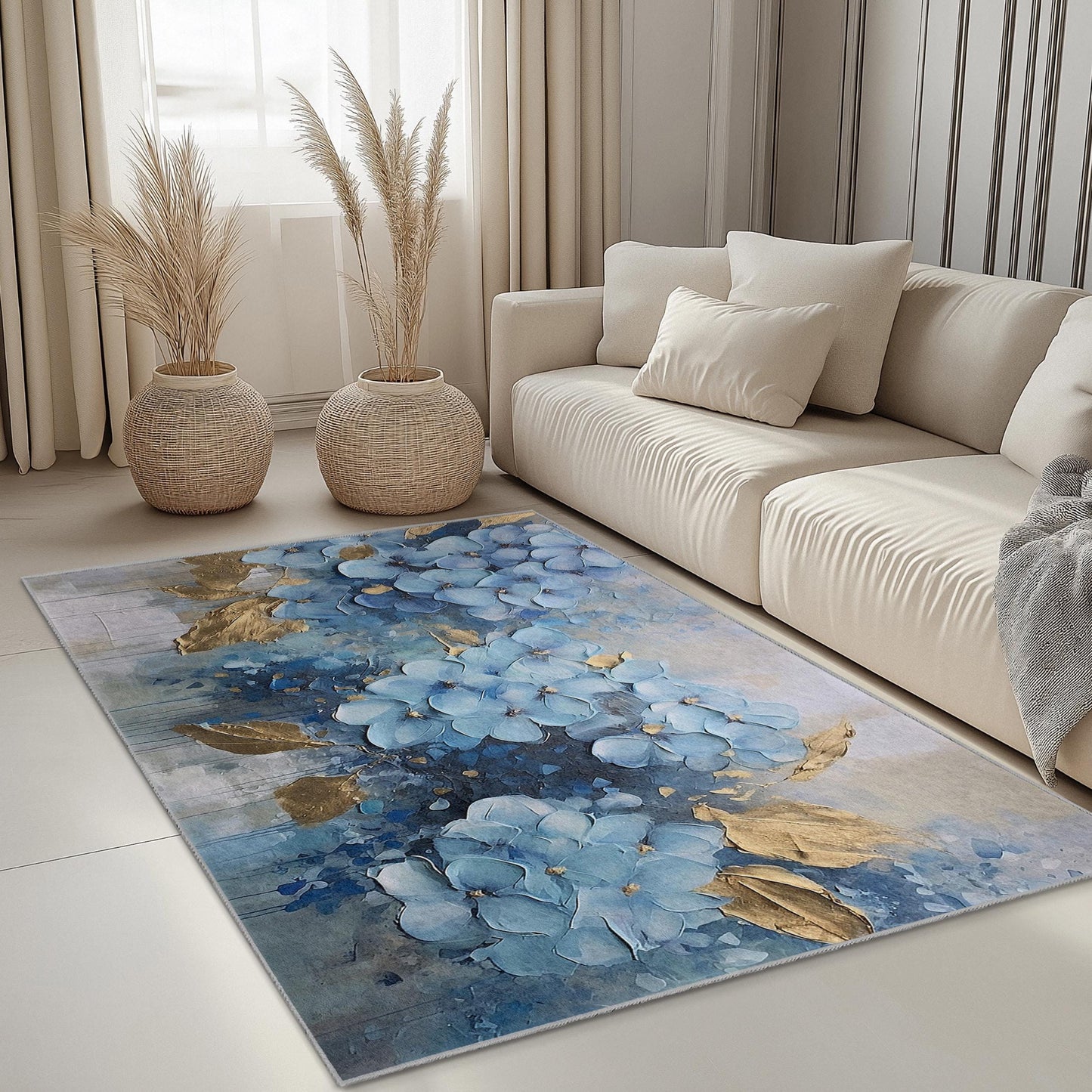 Elegant Blue Floral Rectangular Rug | Luxurious Flower Design Carpet | Modern Home Decor | Soft Cotton Area Mat