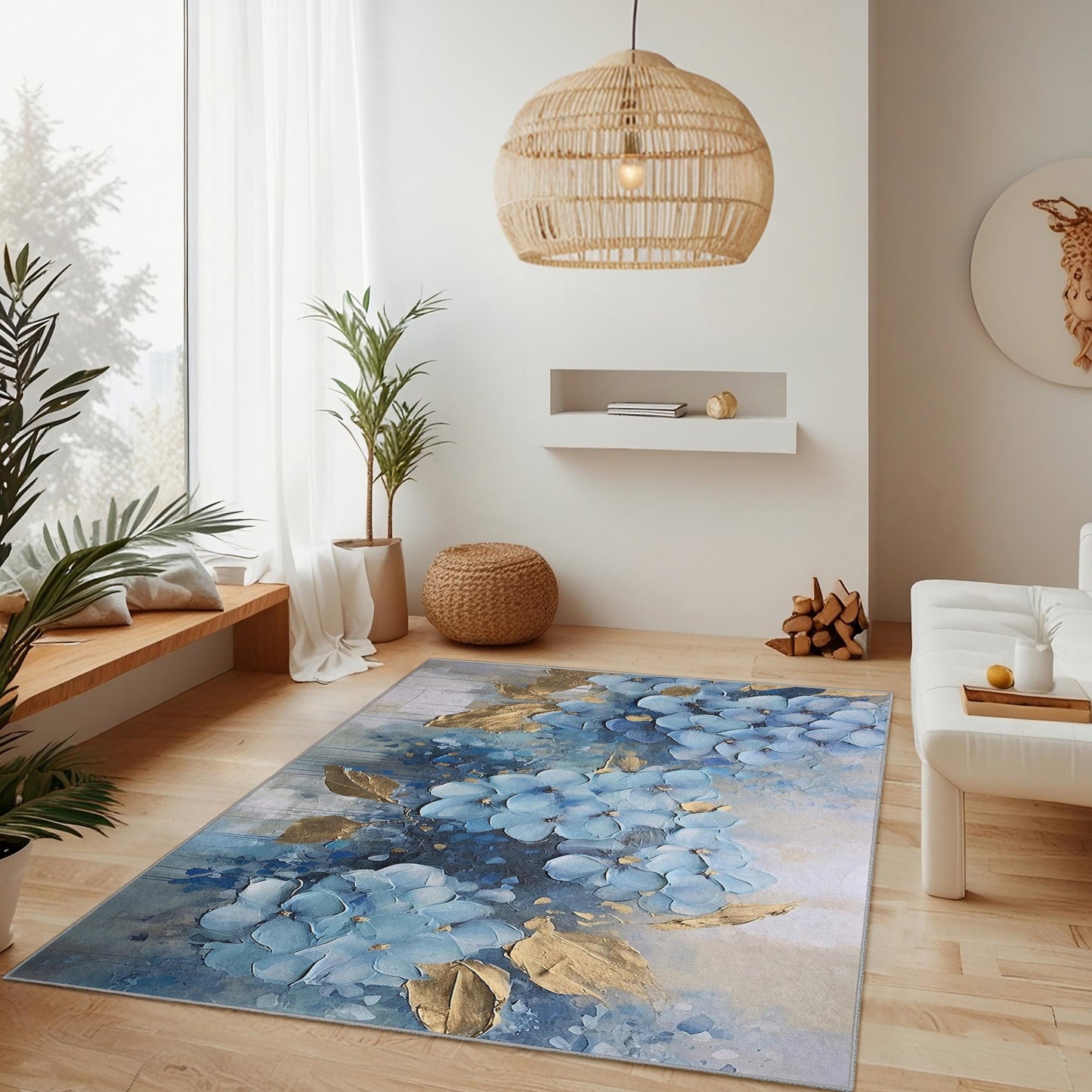 Elegant Blue Floral Rectangular Rug | Luxurious Flower Design Carpet | Modern Home Decor | Soft Cotton Area Mat