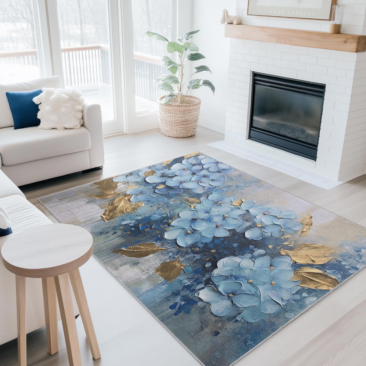 Elegant Blue Floral Rectangular Rug | Luxurious Flower Design Carpet | Modern Home Decor | Soft Cotton Area Mat