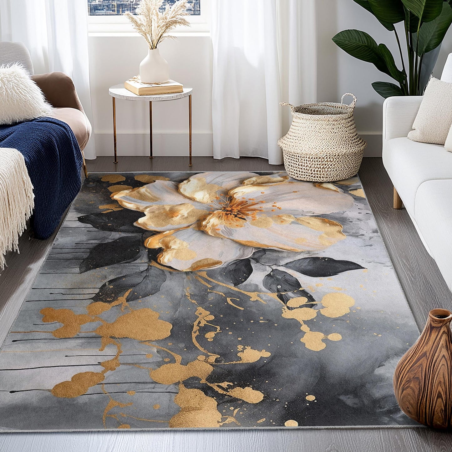 Gold and Black Flower Design | Elegant Floral Art Rectangular Rug | Decorative Carpet for Living Room or Bedroom