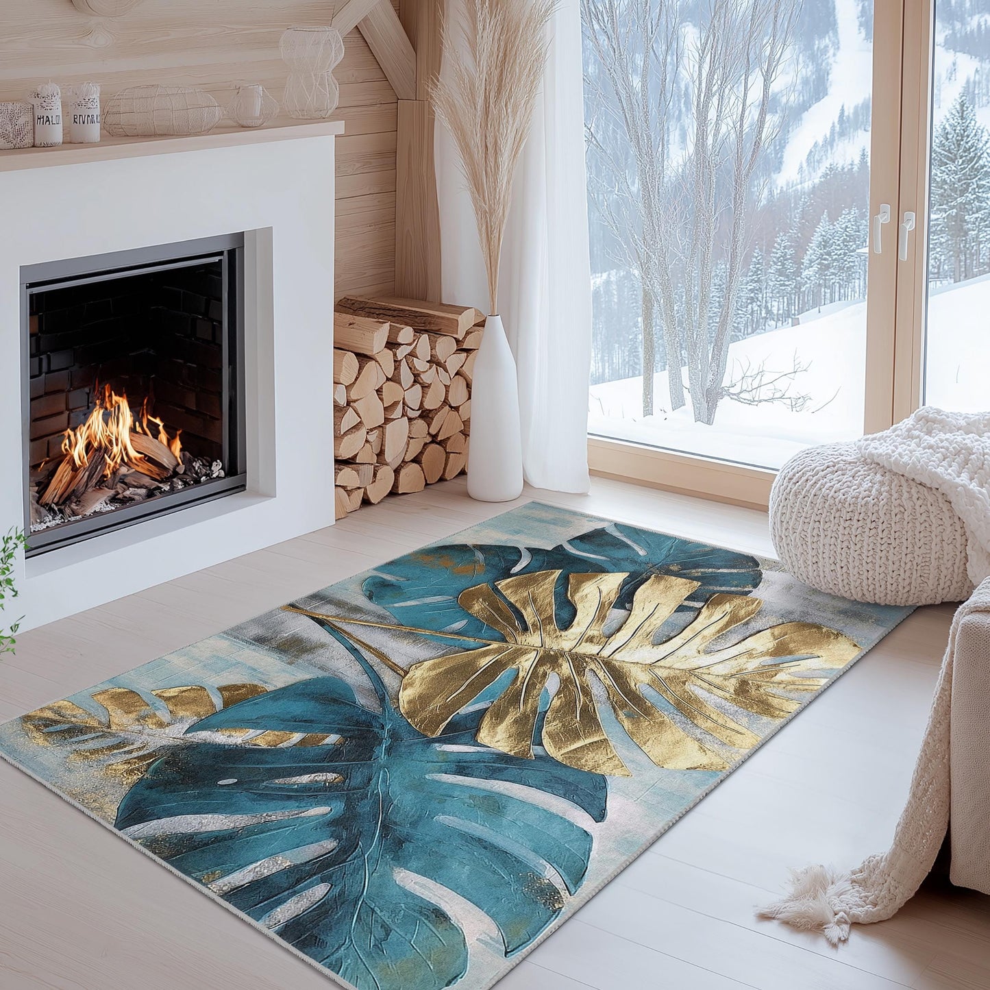 Tropical Monstera Leaf Round Rug | Stylish Boho Decor for Living Room | Soft Washable Area Carpet | Elegant Home Accent