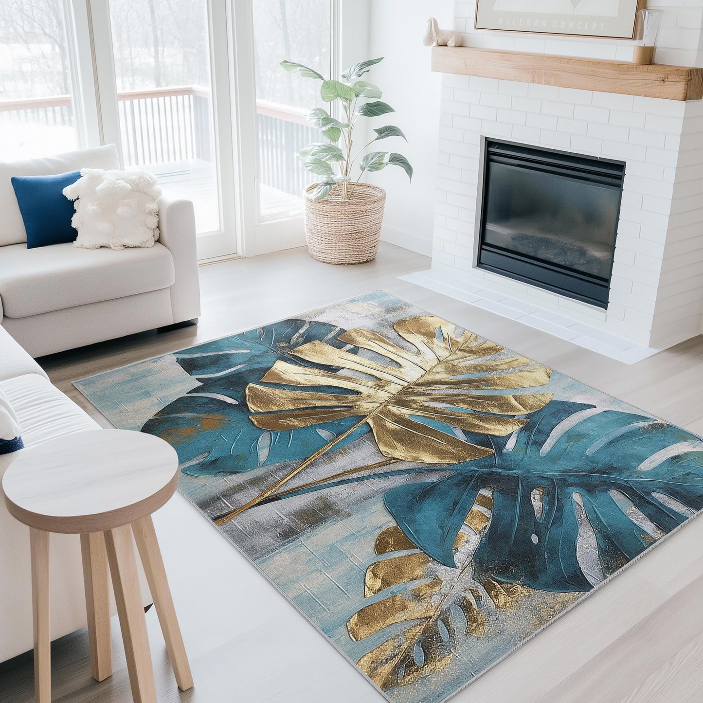 Tropical Monstera Leaf Round Rug | Stylish Boho Decor for Living Room | Soft Washable Area Carpet | Elegant Home Accent