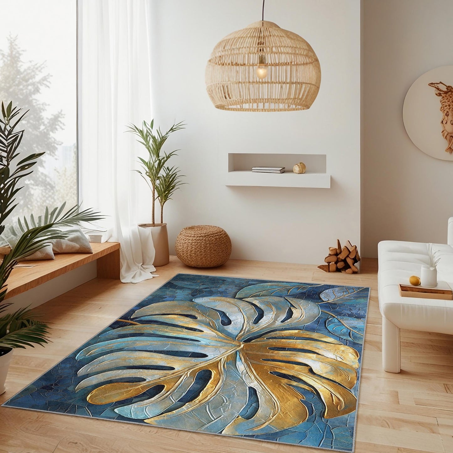 Elegant Gold and Blue Monstera Leaf Rectangular Rug | Tropical Home Decor | Stylish Area Carpet for Living Room