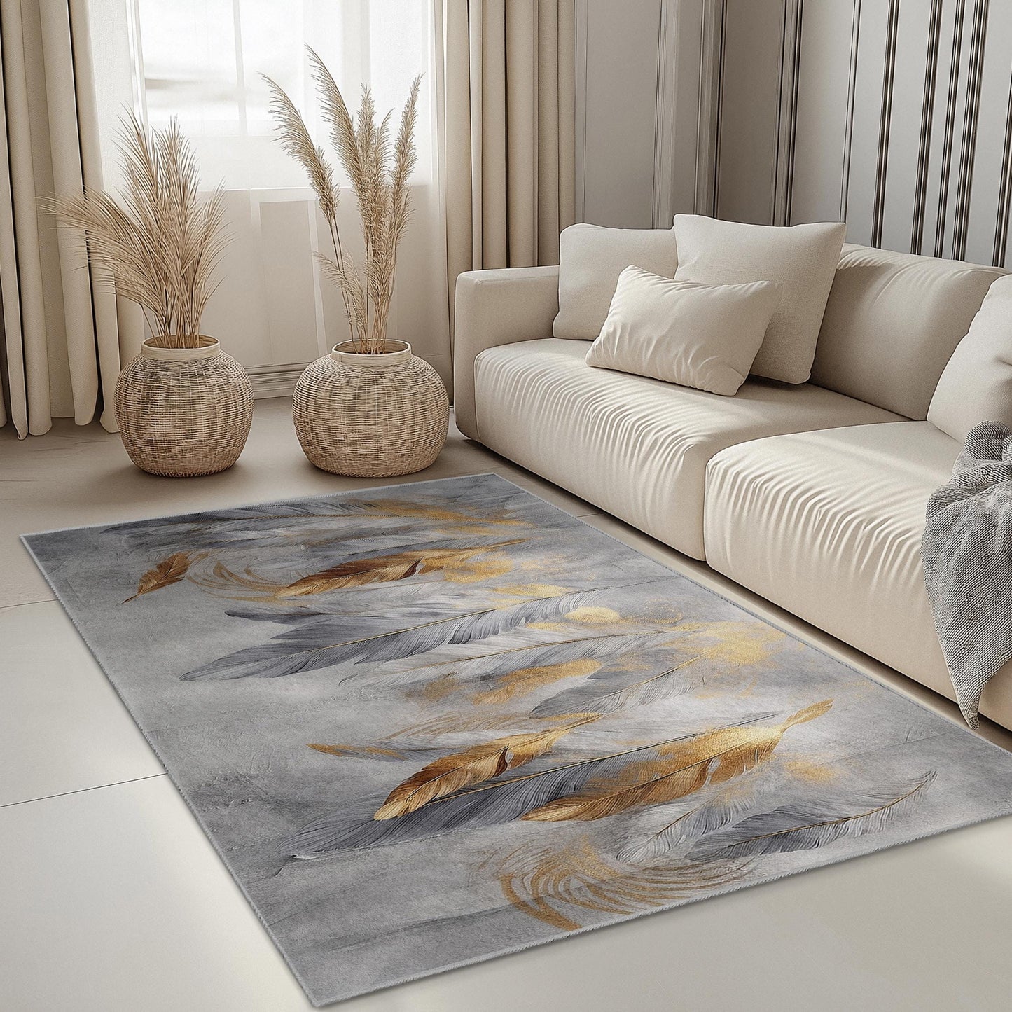 Elegant Feather Design Rectangular Area Rug | Modern Gold and Gray Home Decor | Stylish Living Room Carpet | Soft Washable Floor Mat