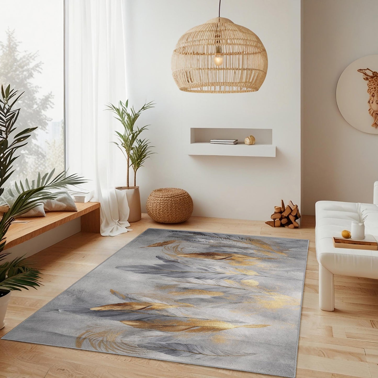 Elegant Feather Design Rectangular Area Rug | Modern Gold and Gray Home Decor | Stylish Living Room Carpet | Soft Washable Floor Mat