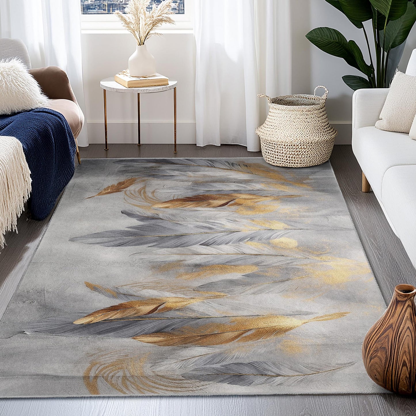 Elegant Feather Design Rectangular Area Rug | Modern Gold and Gray Home Decor | Stylish Living Room Carpet | Soft Washable Floor Mat