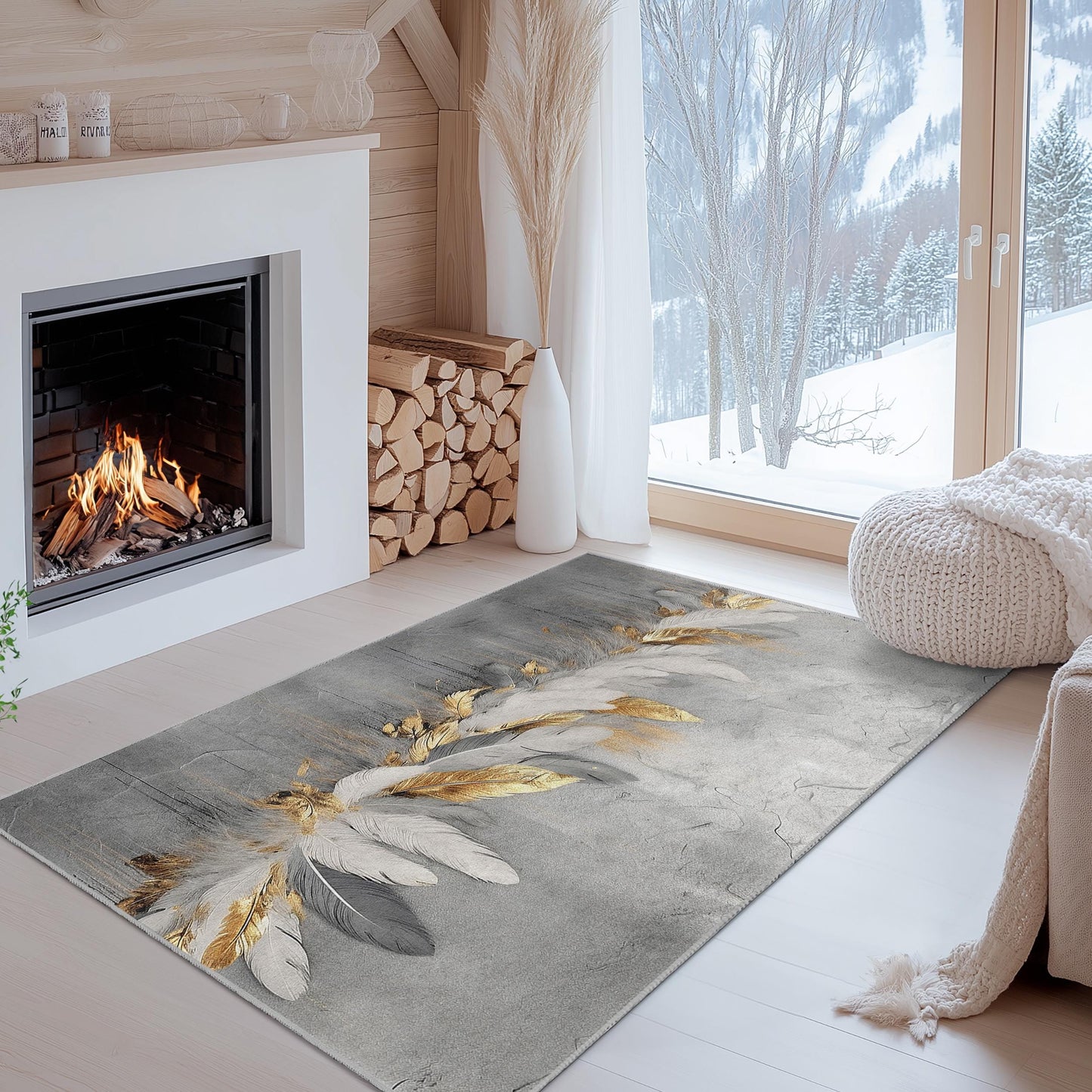 Elegant Feather Design Rectangular Rug | Luxurious Gold and White Carpet | Modern Home Dcor | Stylish Area Rug