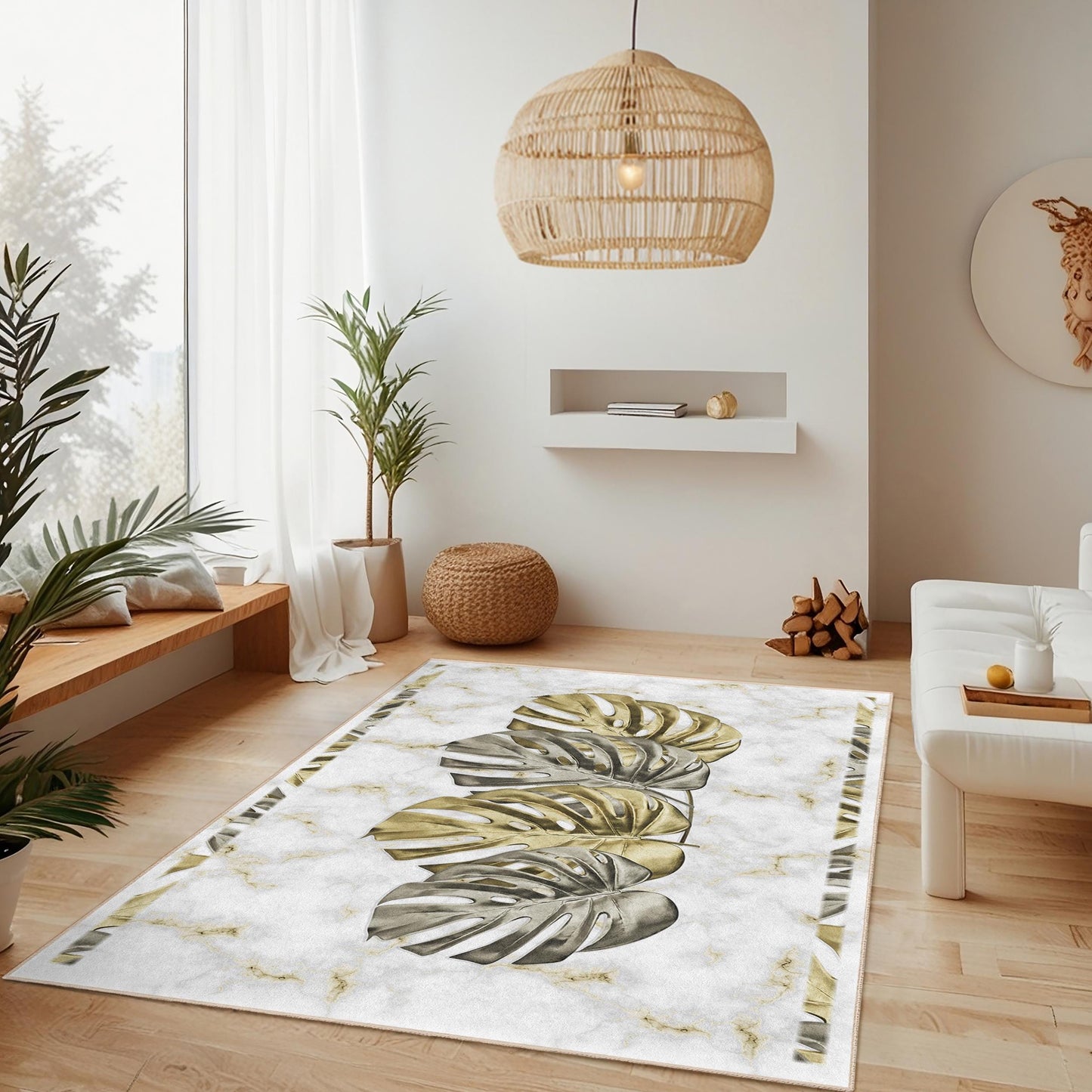 Elegant Monstera Leaves Rectangular Rug | Marble Pattern Carpet for Living Room | Luxurious Home Decor | Stylish Botanical Area Mat