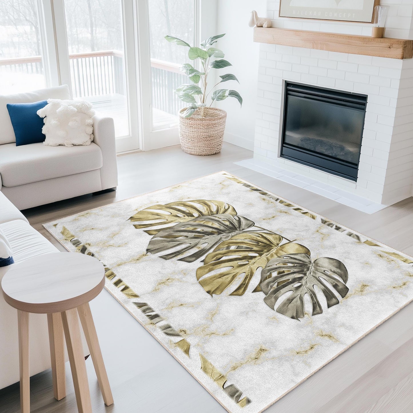 Elegant Monstera Leaves Rectangular Rug | Marble Pattern Carpet for Living Room | Luxurious Home Decor | Stylish Botanical Area Mat