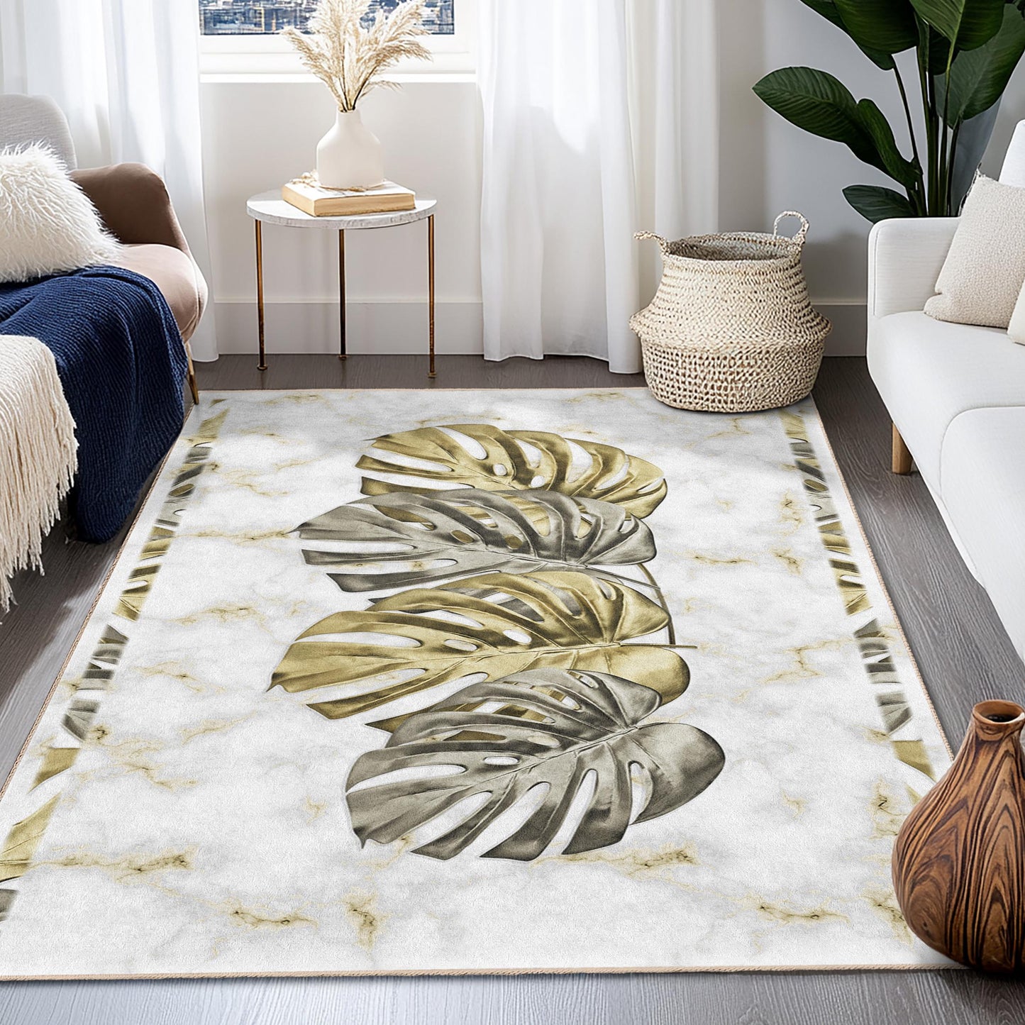 Elegant Monstera Leaves Rectangular Rug | Marble Pattern Carpet for Living Room | Luxurious Home Decor | Stylish Botanical Area Mat