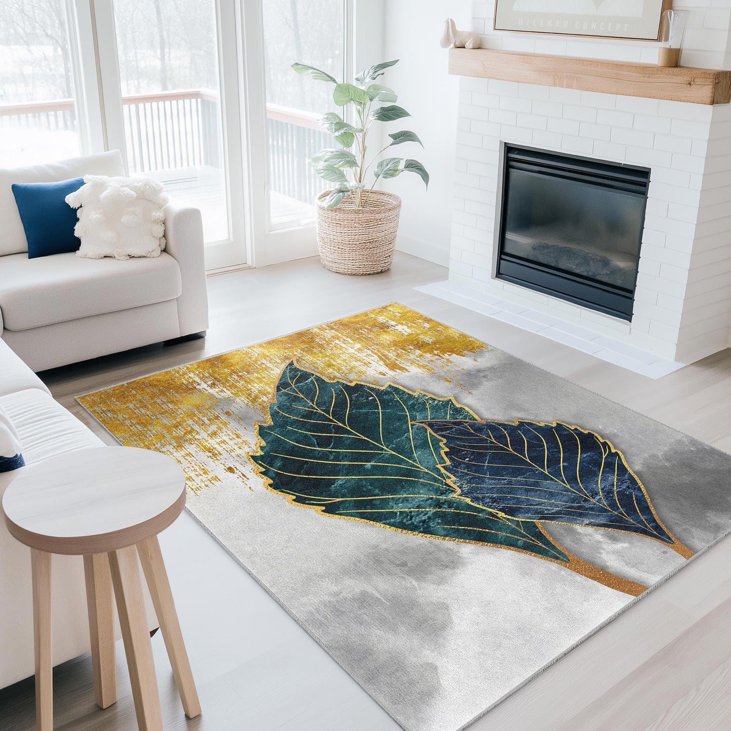 Elegant Blue and Gold Leaf Design Rectangular Area Rug | Modern Botanical Floor Mat | Luxury Home Decor | Soft Cotton Carpet