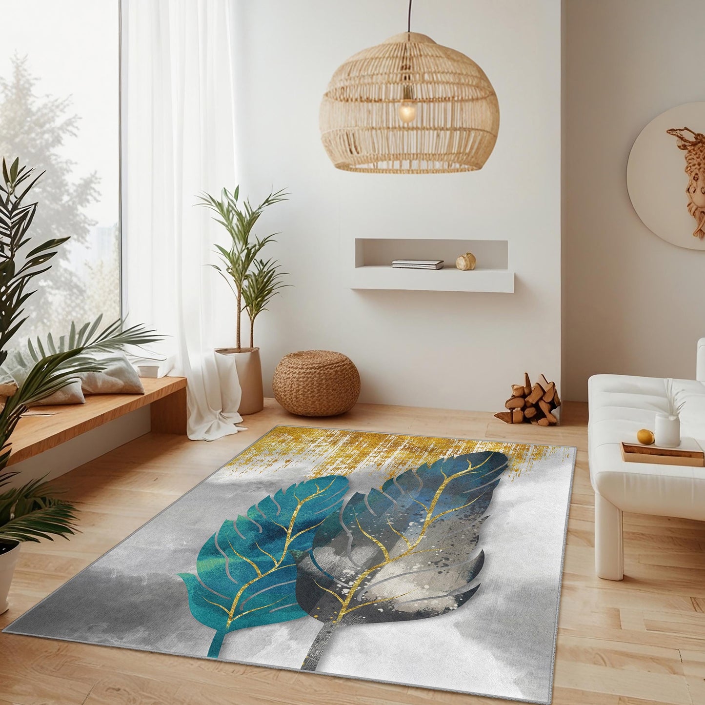 Feather Leaves Design Washable Rectangle Rug | Elegant Botanical Leaf Carpet | Soft Home Decor | Unique Living Room Mat