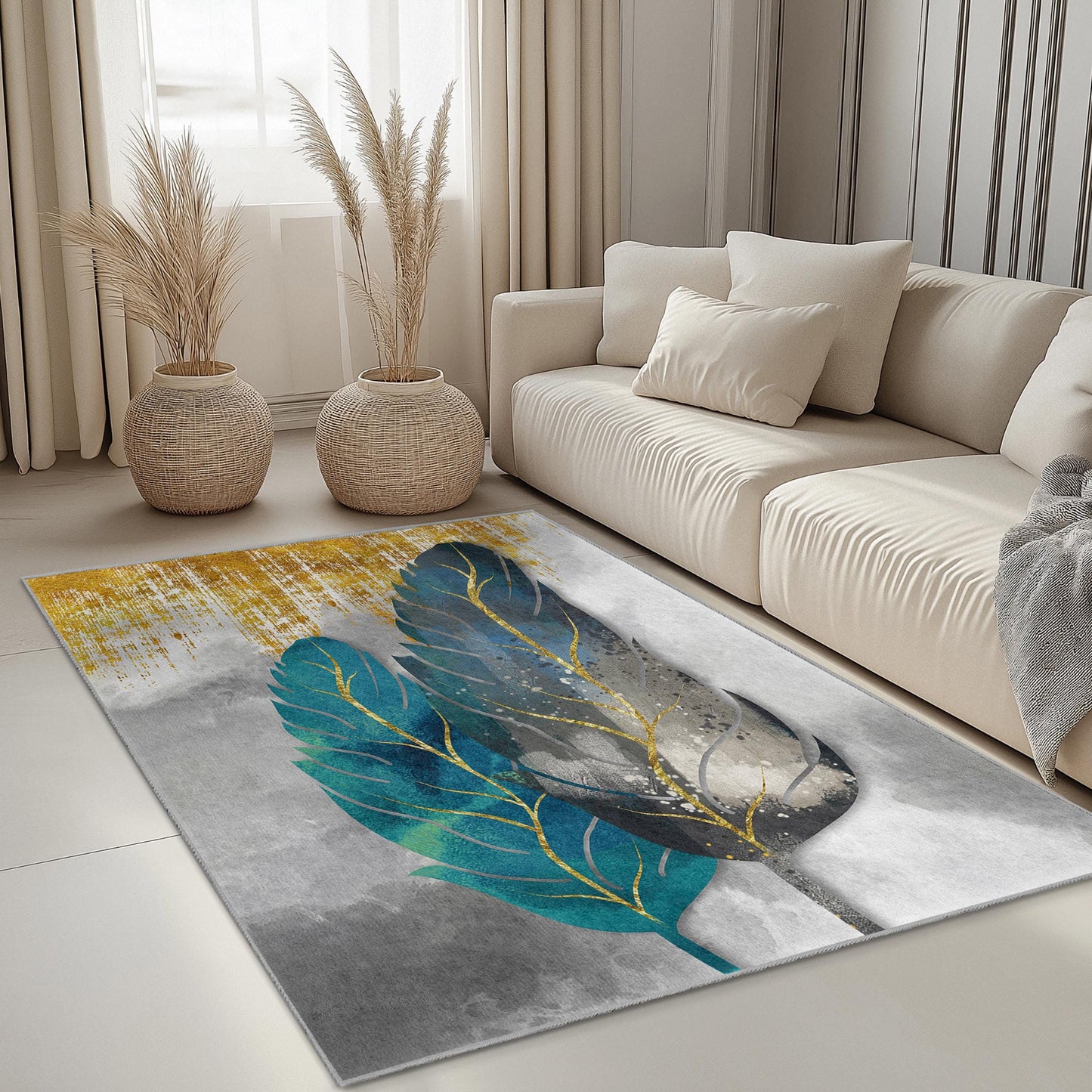 Feather Leaves Design Washable Rectangle Rug | Elegant Botanical Leaf Carpet | Soft Home Decor | Unique Living Room Mat