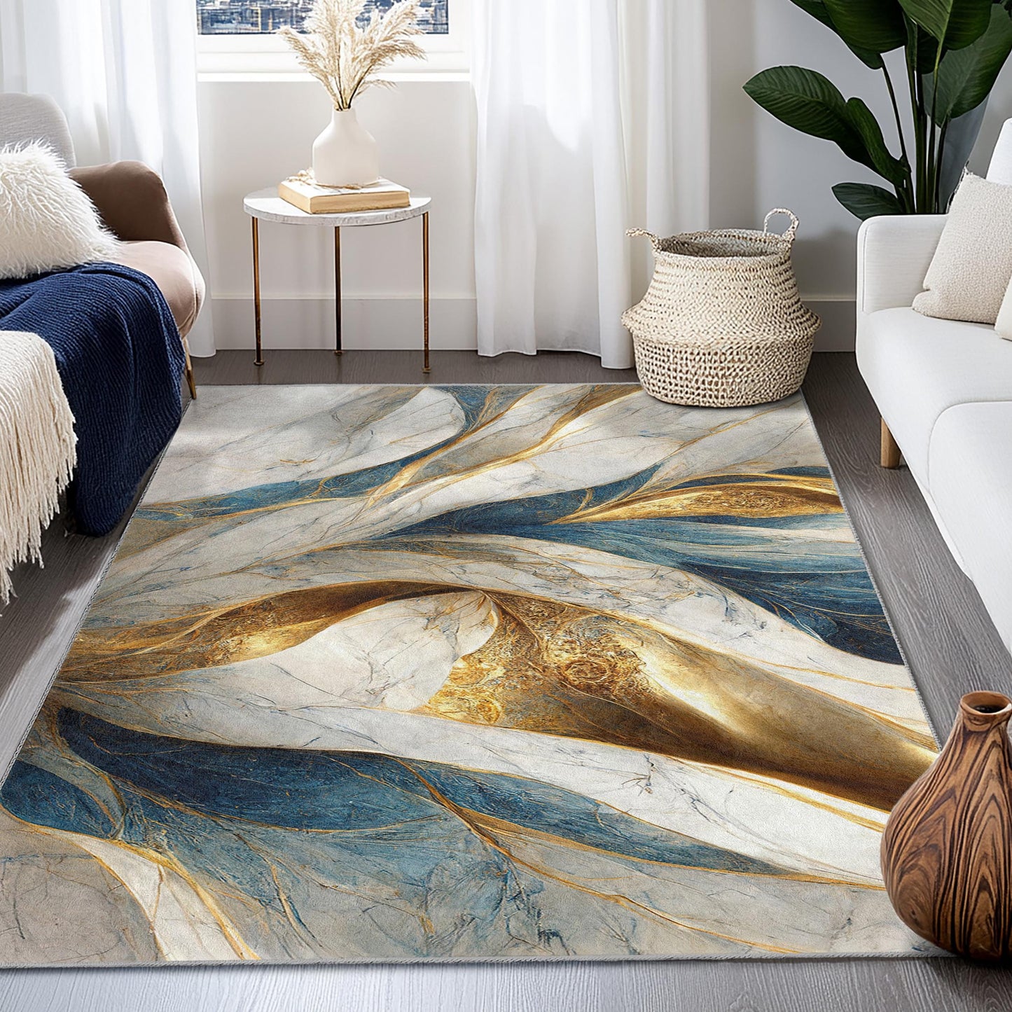 Elegant Blue and Gold Abstract Rectangular Area Rug | Luxurious Modern Home Decor | Soft and Washable Carpet for Living Room