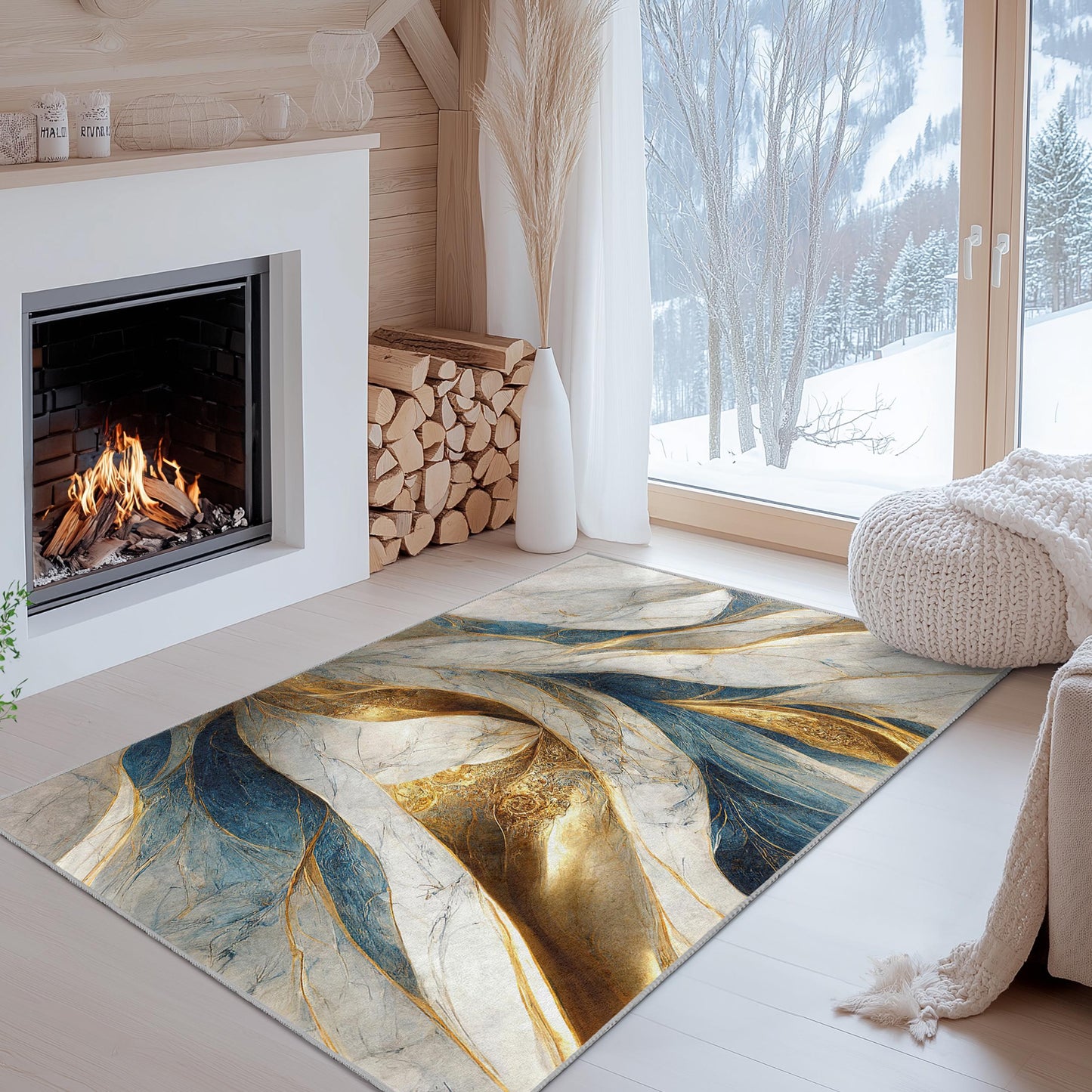 Elegant Blue and Gold Abstract Rectangular Area Rug | Luxurious Modern Home Decor | Soft and Washable Carpet for Living Room
