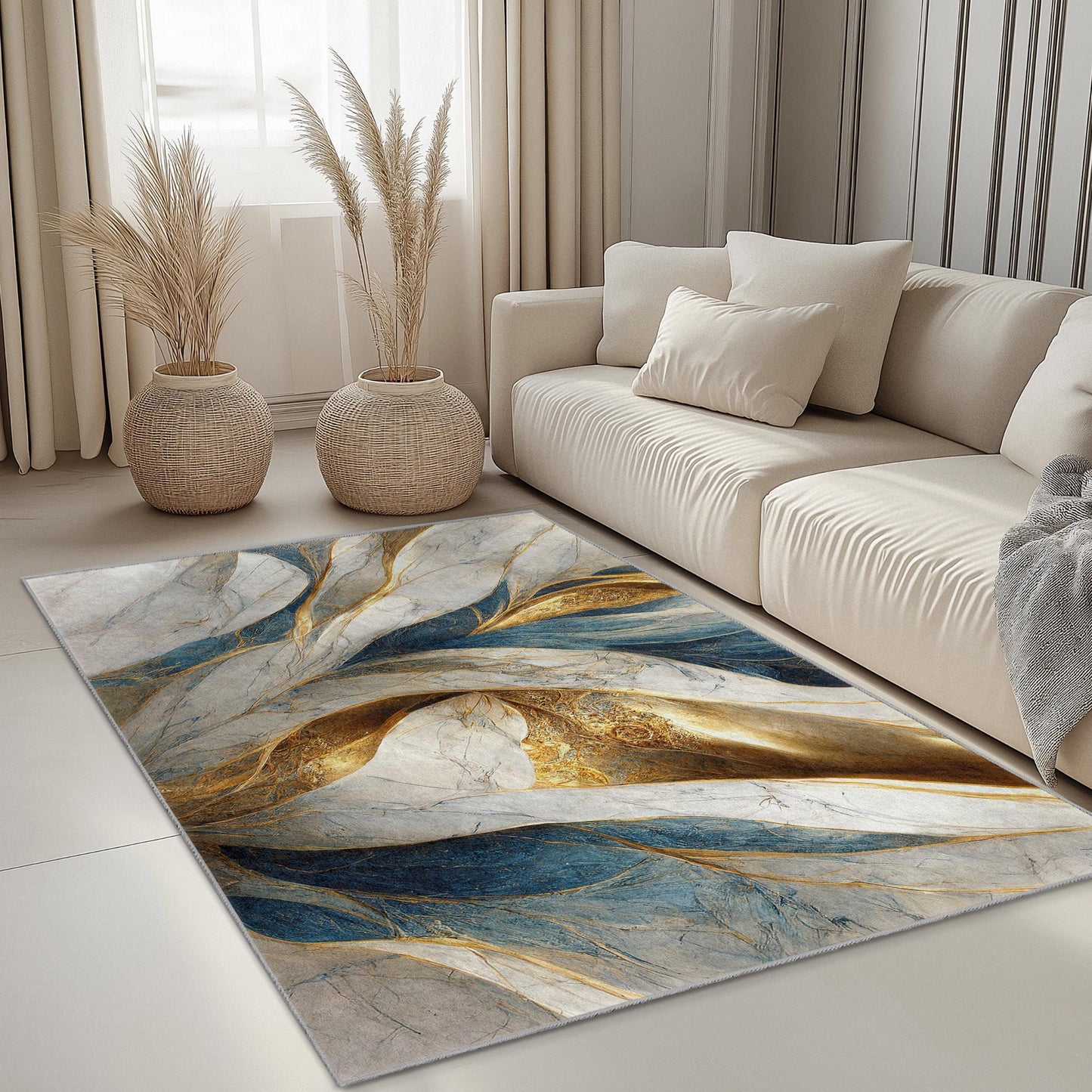 Elegant Blue and Gold Abstract Rectangular Area Rug | Luxurious Modern Home Decor | Soft and Washable Carpet for Living Room
