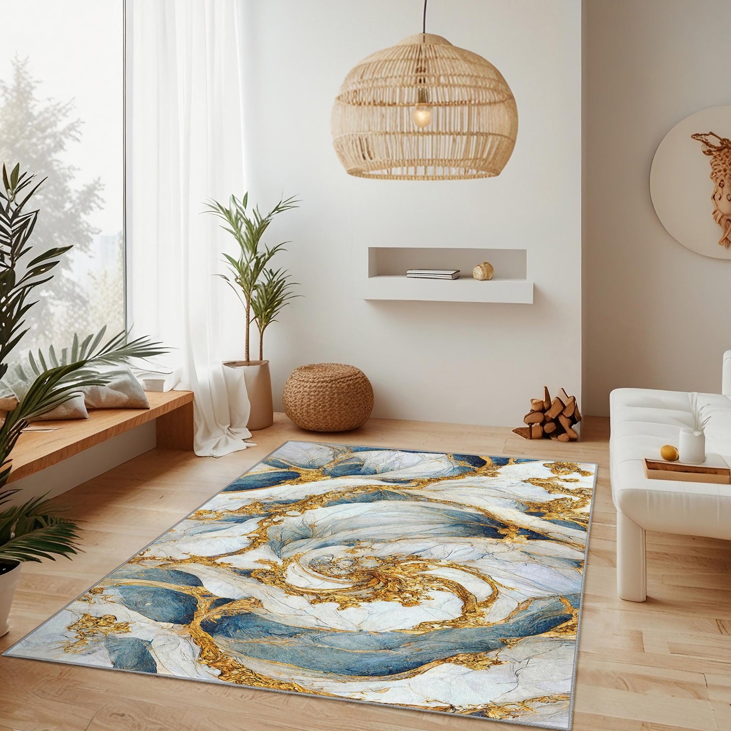 Elegant Blue and Gold Abstract Rectangle Rug | Modern Home Decor | Luxury Area Carpet for Living Room | Artistic Floor Mat