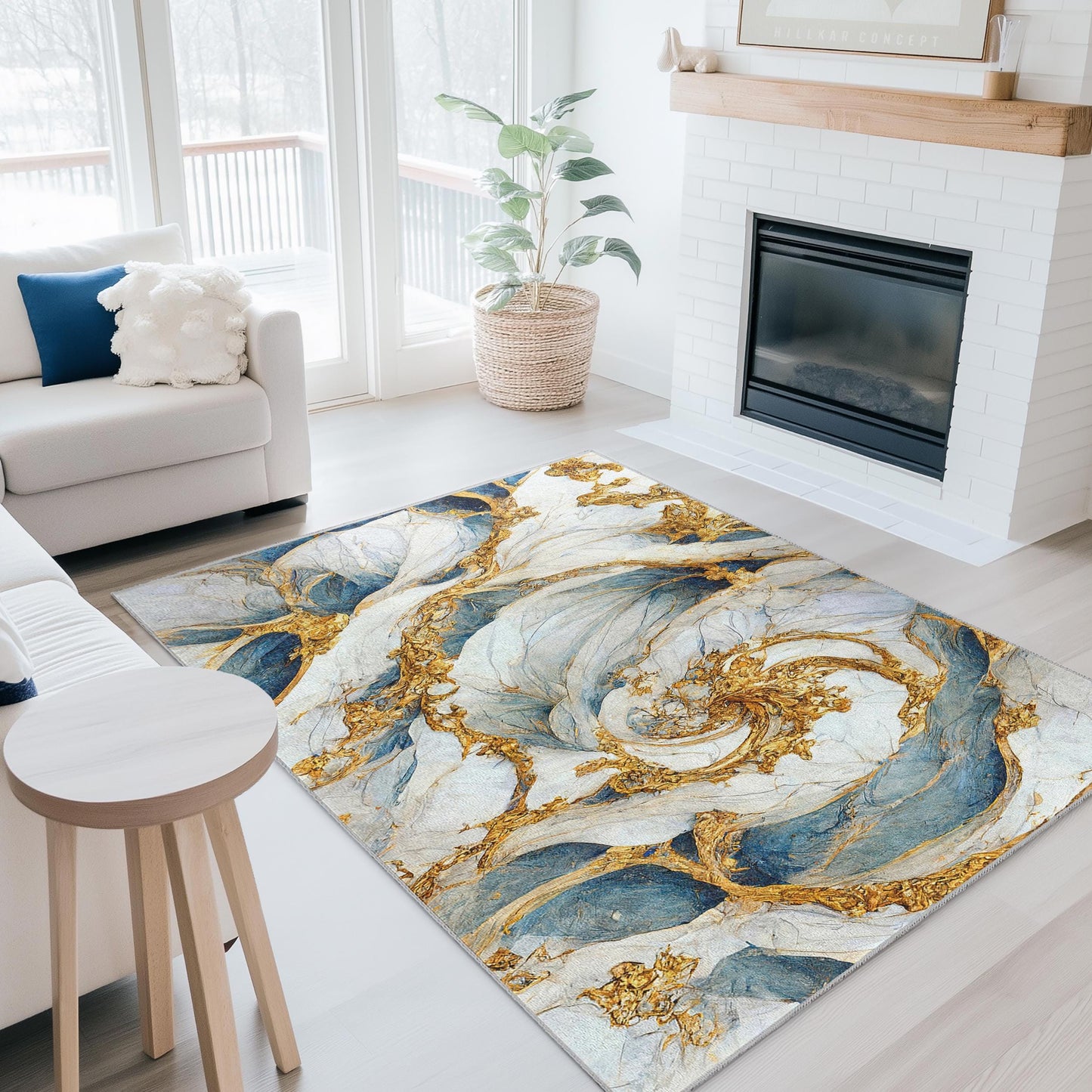 Elegant Blue and Gold Abstract Rectangle Rug | Modern Home Decor | Luxury Area Carpet for Living Room | Artistic Floor Mat