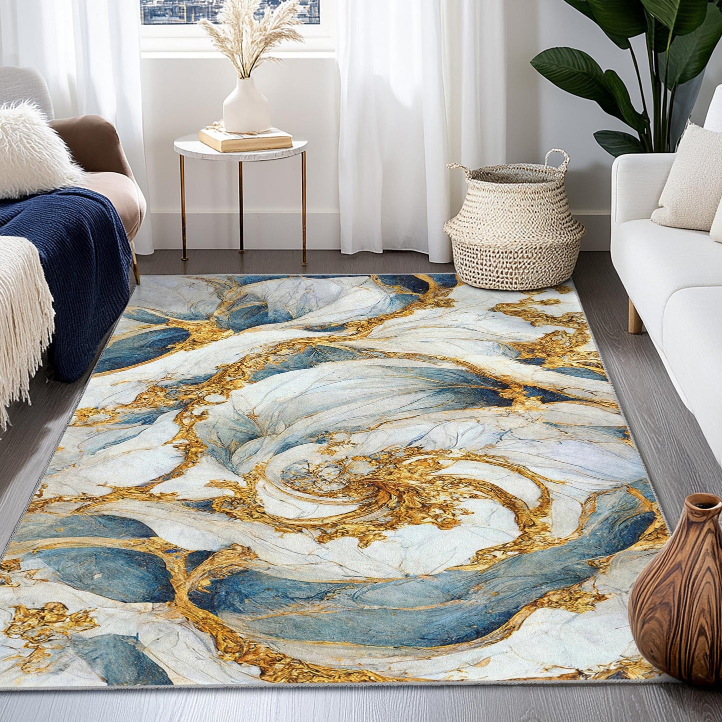 Elegant Blue and Gold Abstract Rectangle Rug | Modern Home Decor | Luxury Area Carpet for Living Room | Artistic Floor Mat