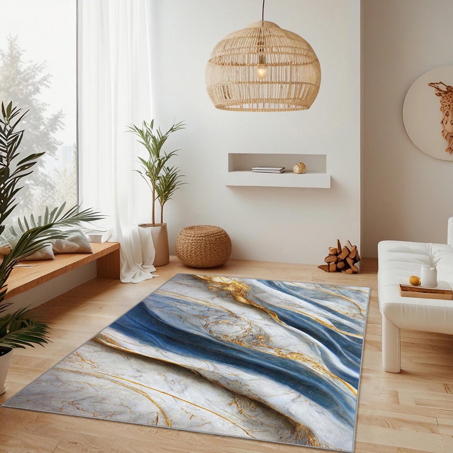 Luxury Blue and Gold Marble Rectangular Rug | Elegant Home Decor Carpet | Soft and Washable Area Rug for Living Room